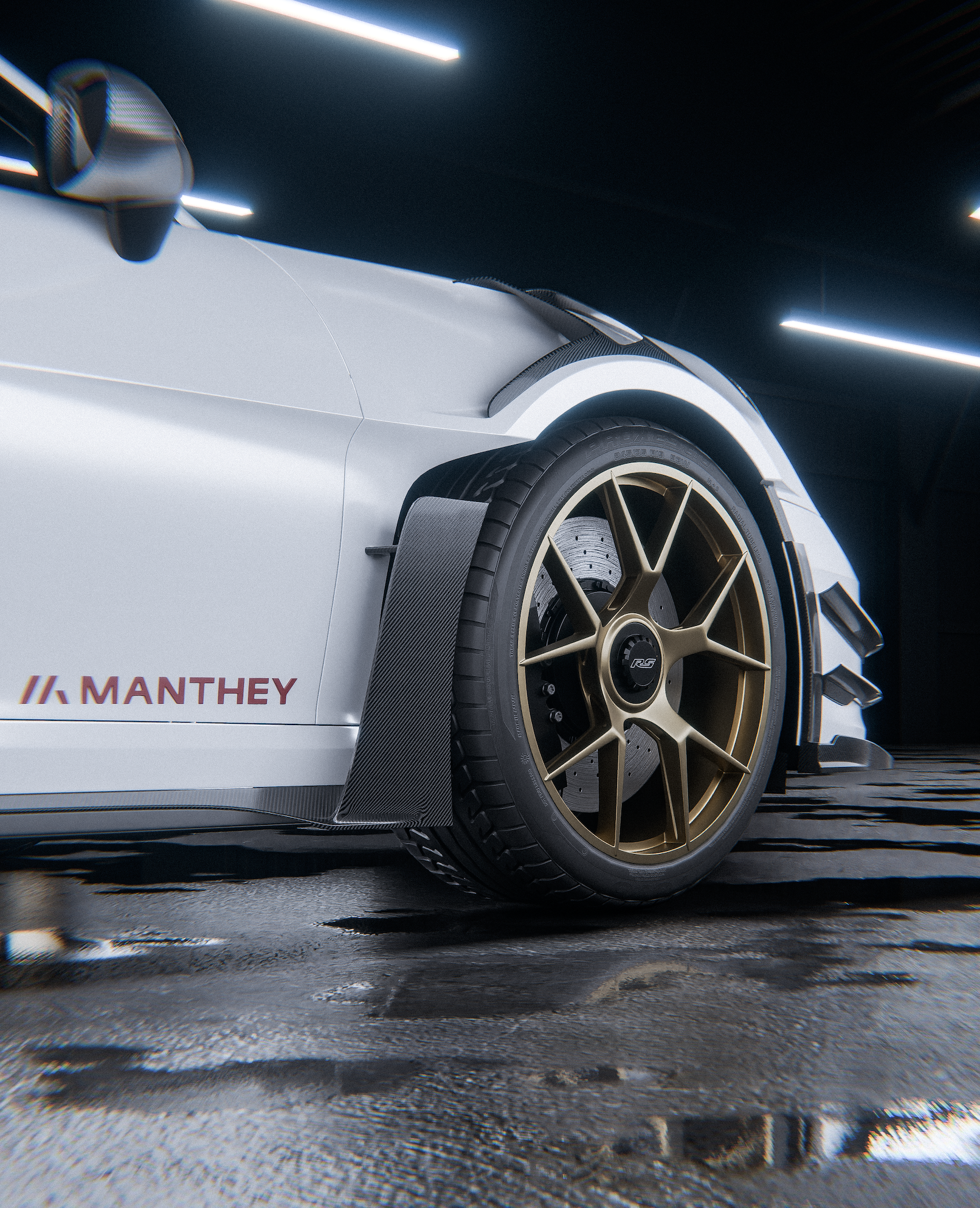 Close-up of a white race car with gold wheels and a logo on the rim, in a dark garage with reflective wet floor and modern lighting.