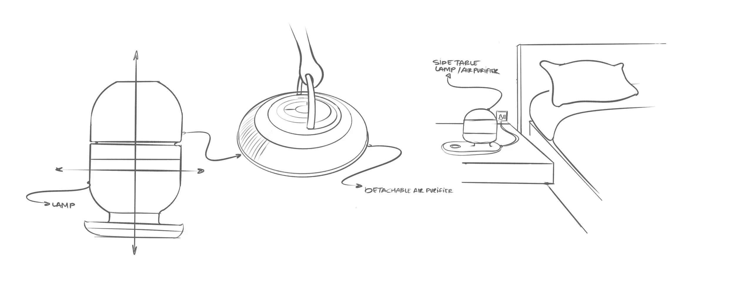 How it Works.. 
The concept is basically an air purifier that has an integrated table lamp. The Whole module is meant to sit on the side table which replaces the conventional table lamp and also makes room for an air purifier in the same space. The p