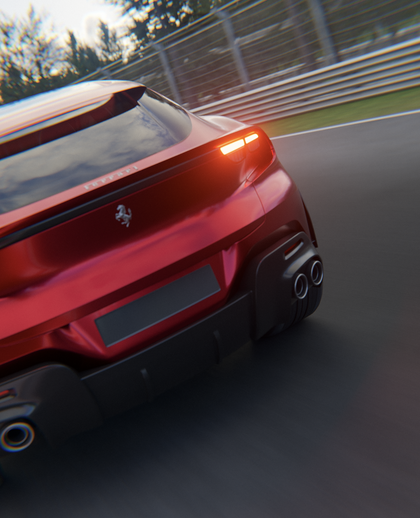 Red Ferrari race car on a track at sunset, with blurred background and motion blur.