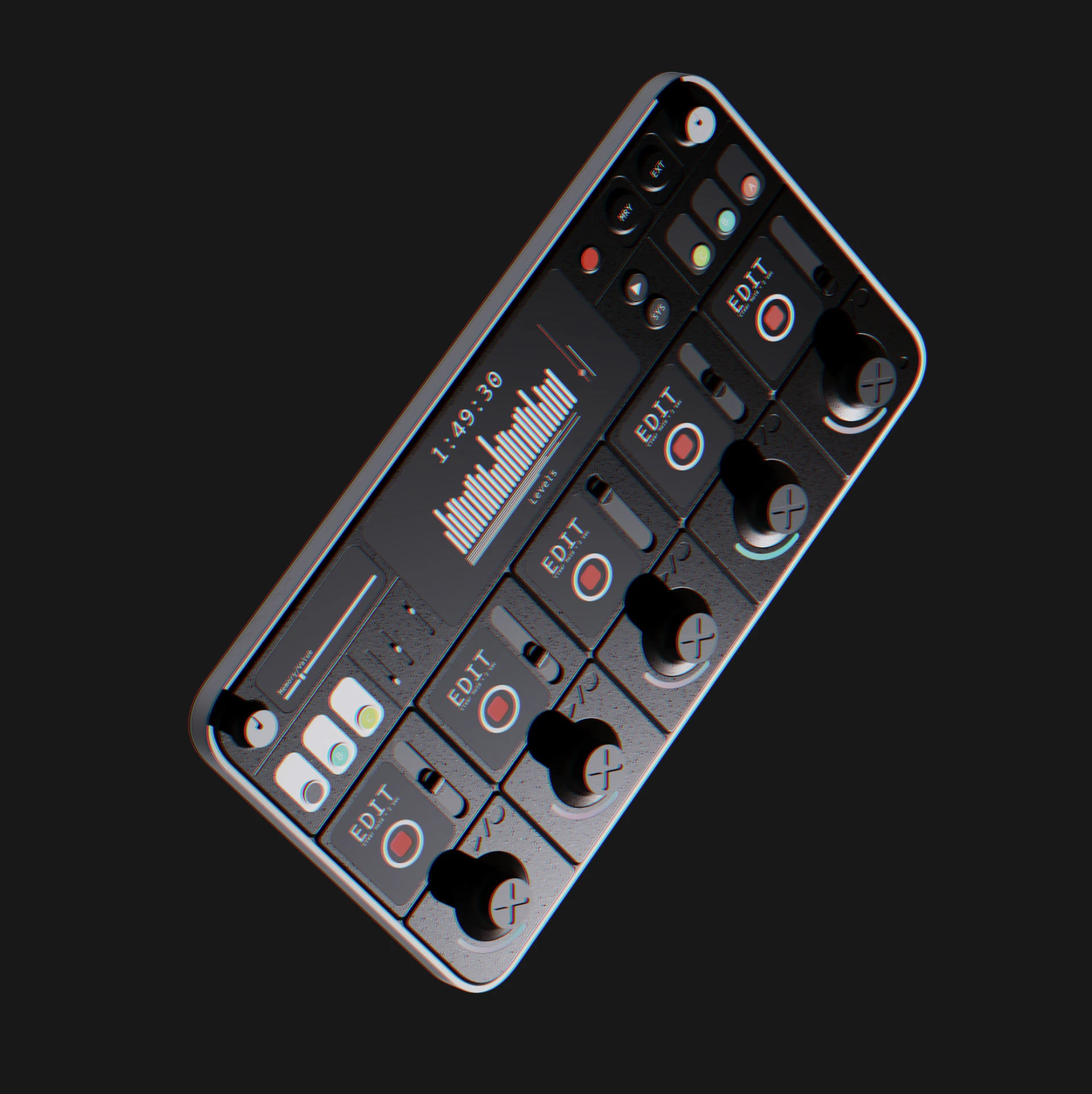 A digital audio workstation on a smartphone screen showing audio levels and editing controls for multiple tracks.