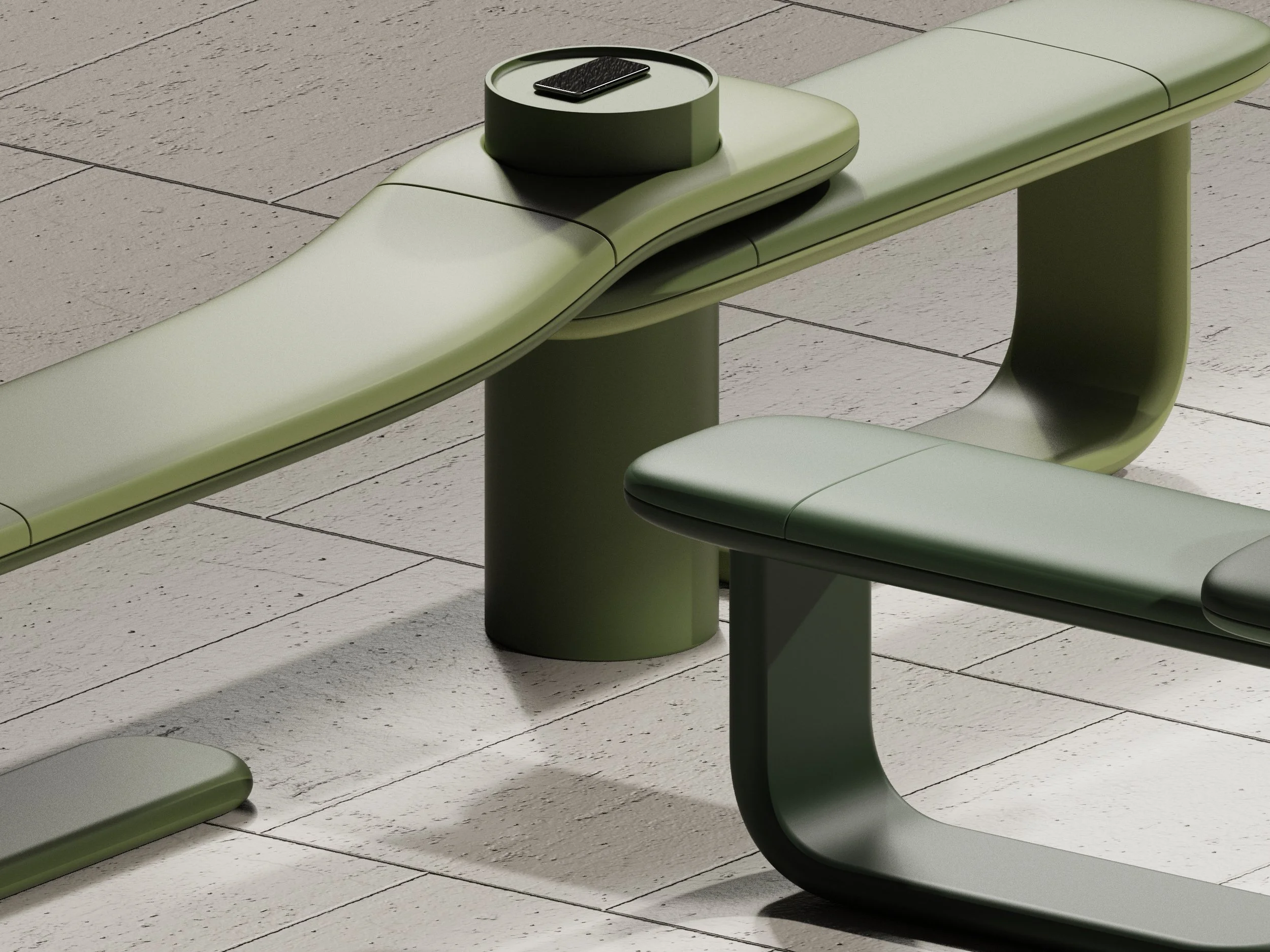 A modern outdoor bench, table, and seating area in a monochromatic green color scheme on a tiled surface. The table has a curved design with a small tray holding a smartphone on top.