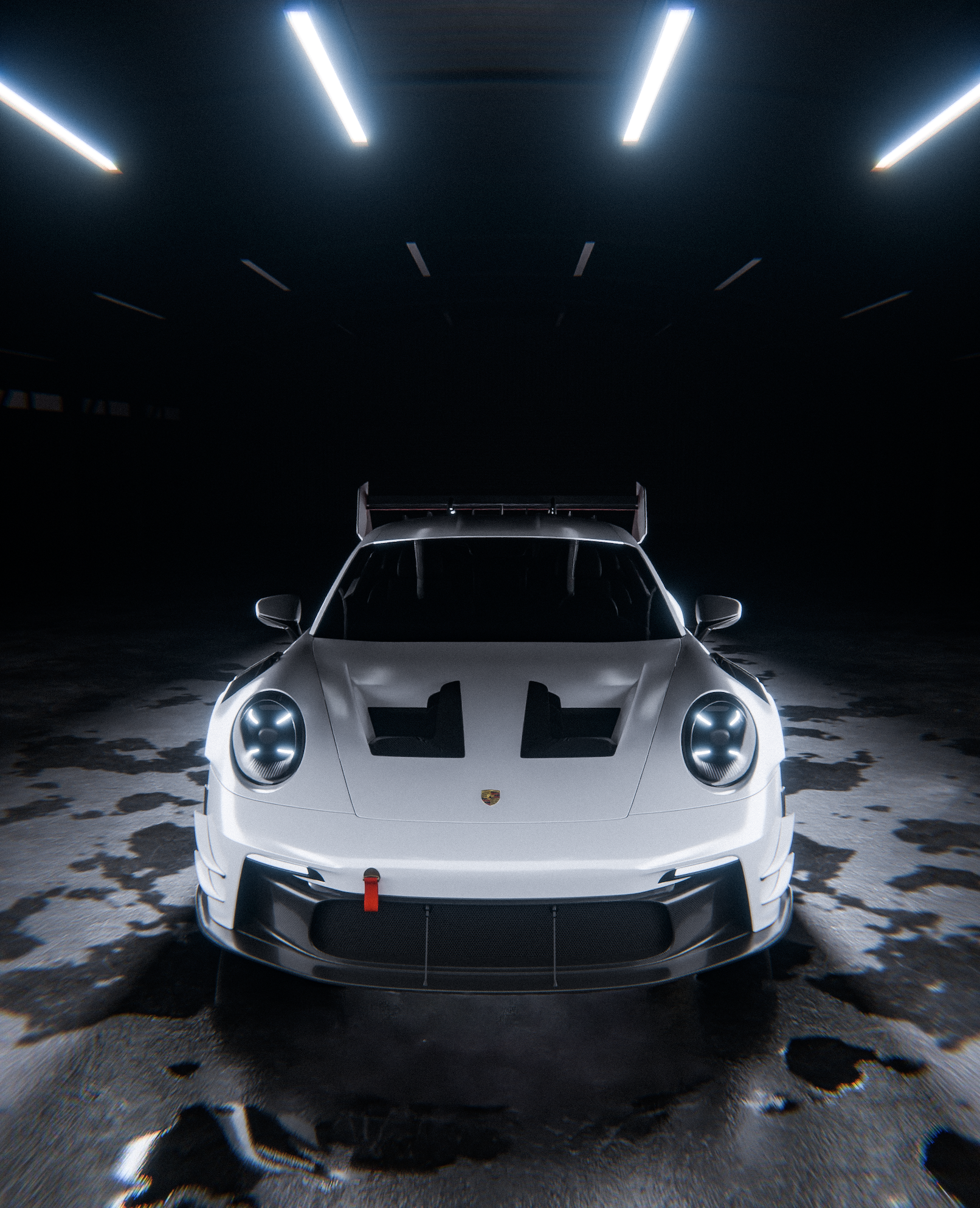 A white Porsche race car in a dimly lit underground parking garage with bright overhead lights, black markings on the hood, and a large rear wing.