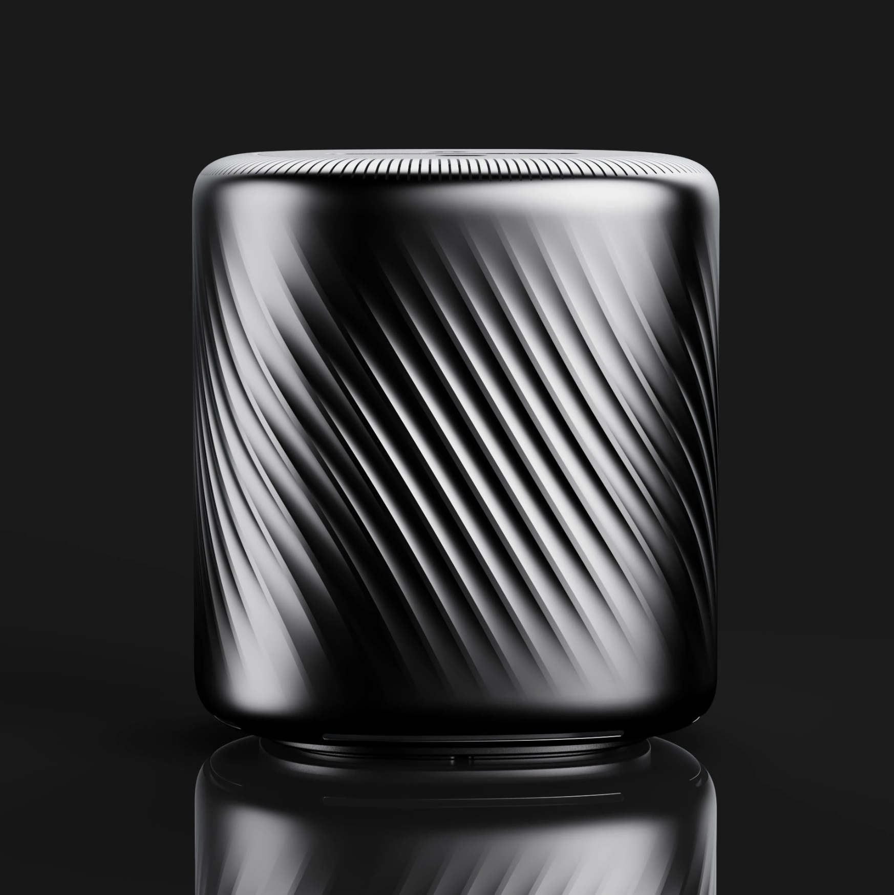 A metallic, cylindrical speaker with diagonal grooves on its surface, set against a black background with a reflective surface below.