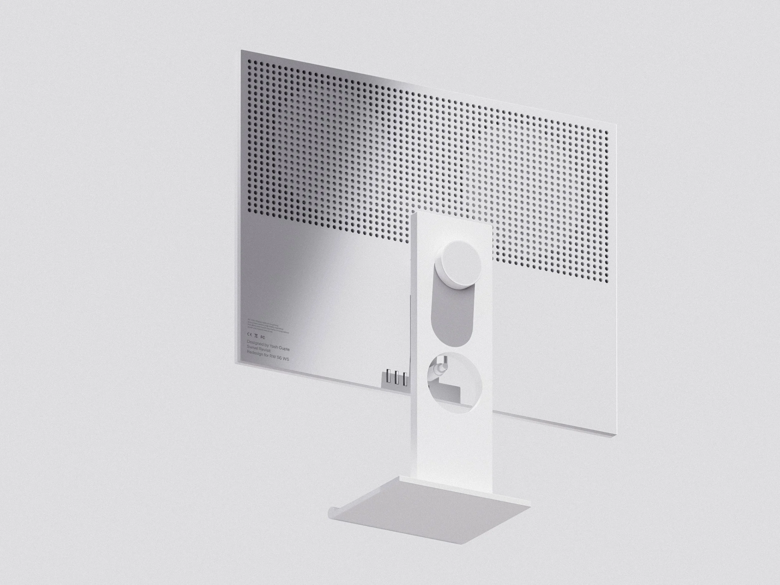 Rear view of a white computer monitor with a stand that has a round control knob and a circular cutout, set against a plain background.