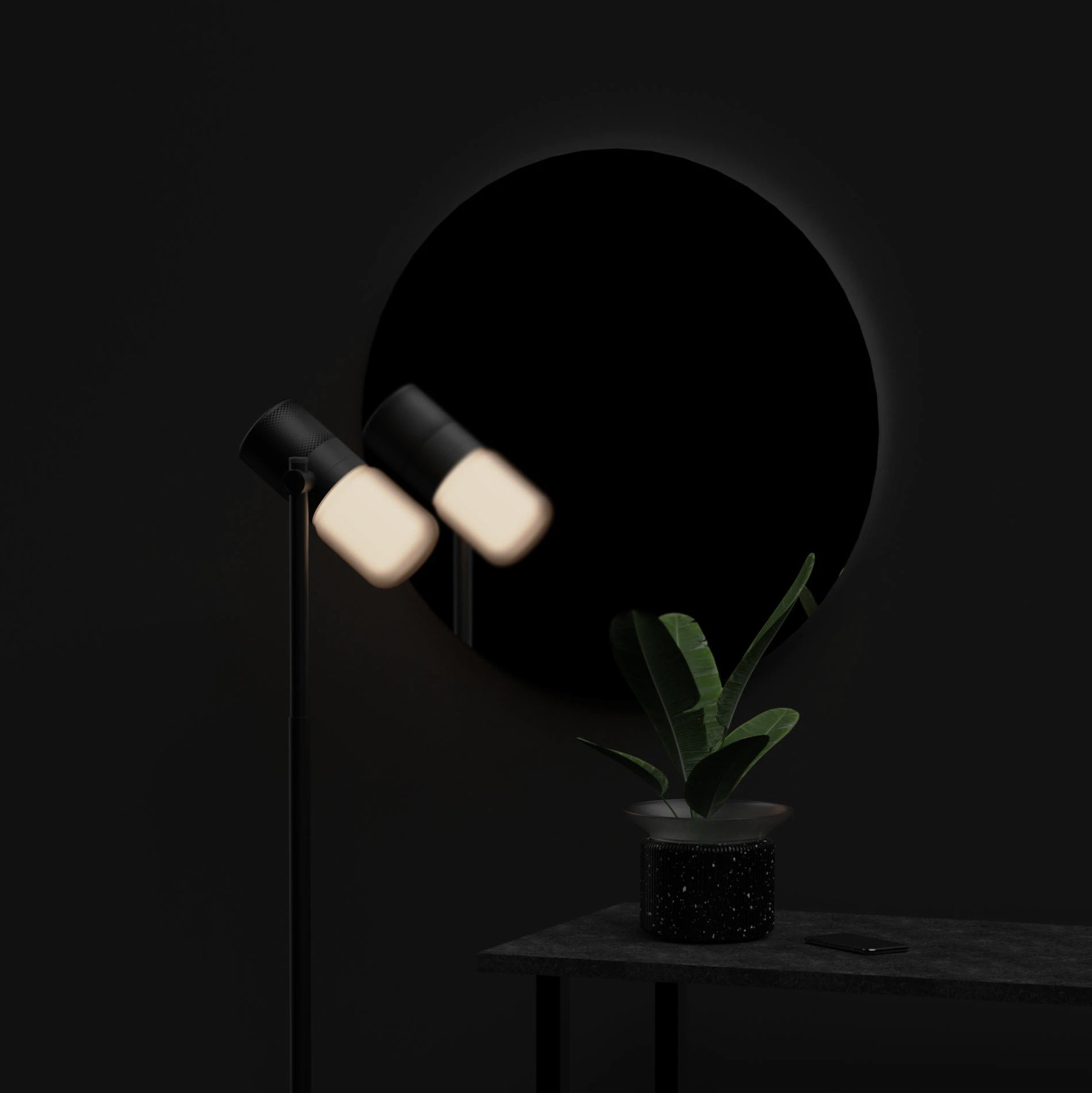 A black circular wall mirror with a small potted green plant on a dark surface, illuminated by a modern black and beige lamps.