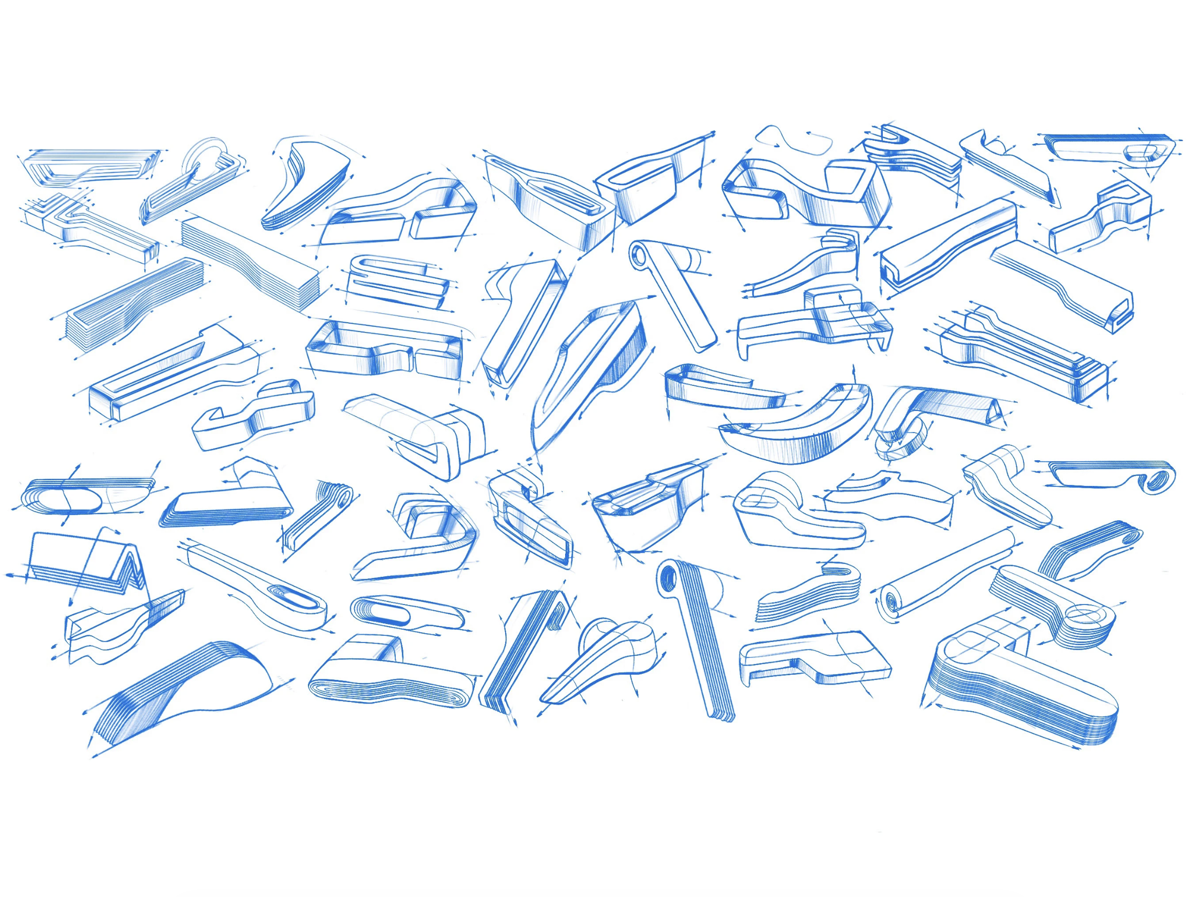 Blueprint-style sketch of stylized 3D letters arranged randomly on a white background.