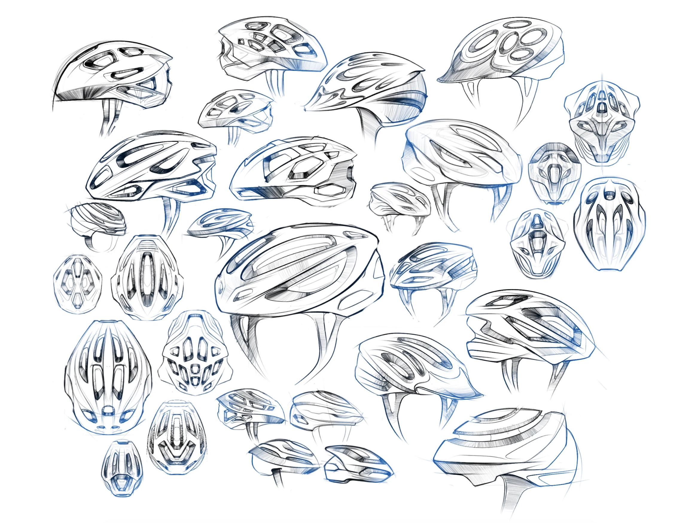 Multiple sketches of futuristic helmet designs with sleek, aerodynamic shapes and intricate details in black, blue, and gray lines.