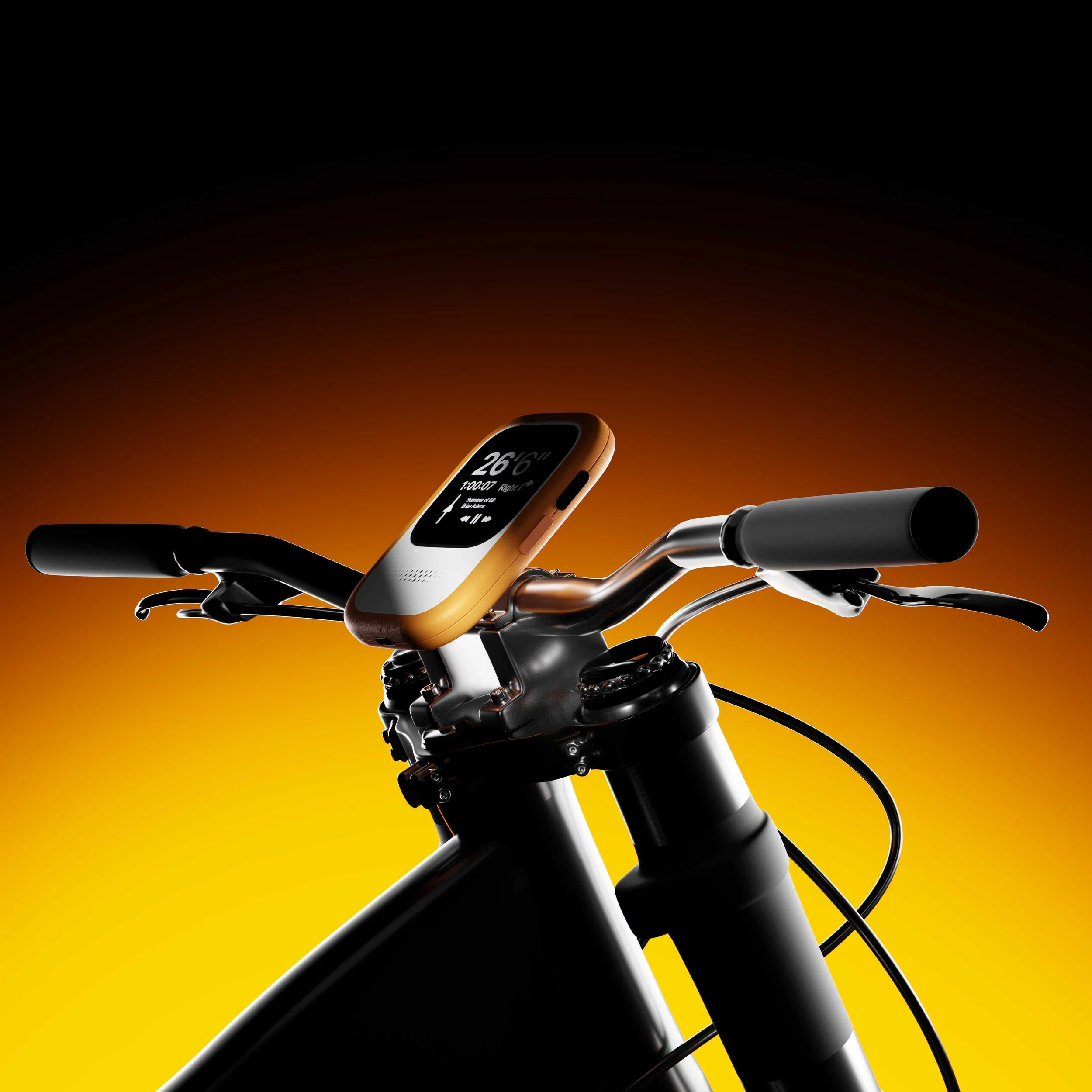 Close-up of a modern electric bicycle handlebar with a digital display mounted on the stem against a gradient background from dark to orange.