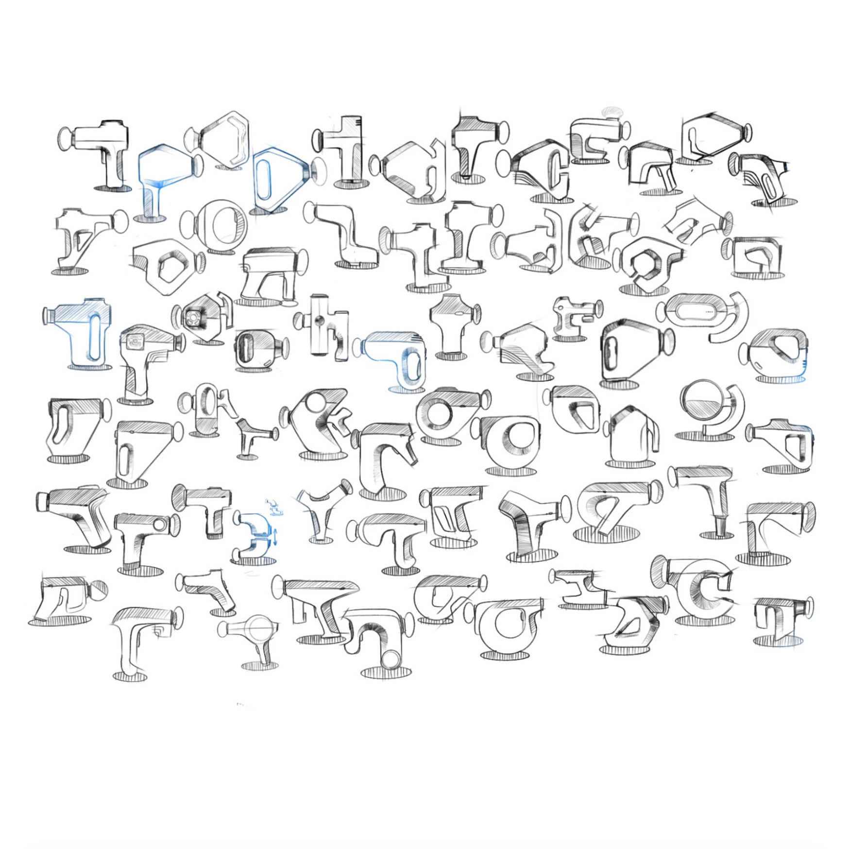 A collection of various sketches of spray paint guns, some highlighted in blue, arranged in a grid pattern on a white background.