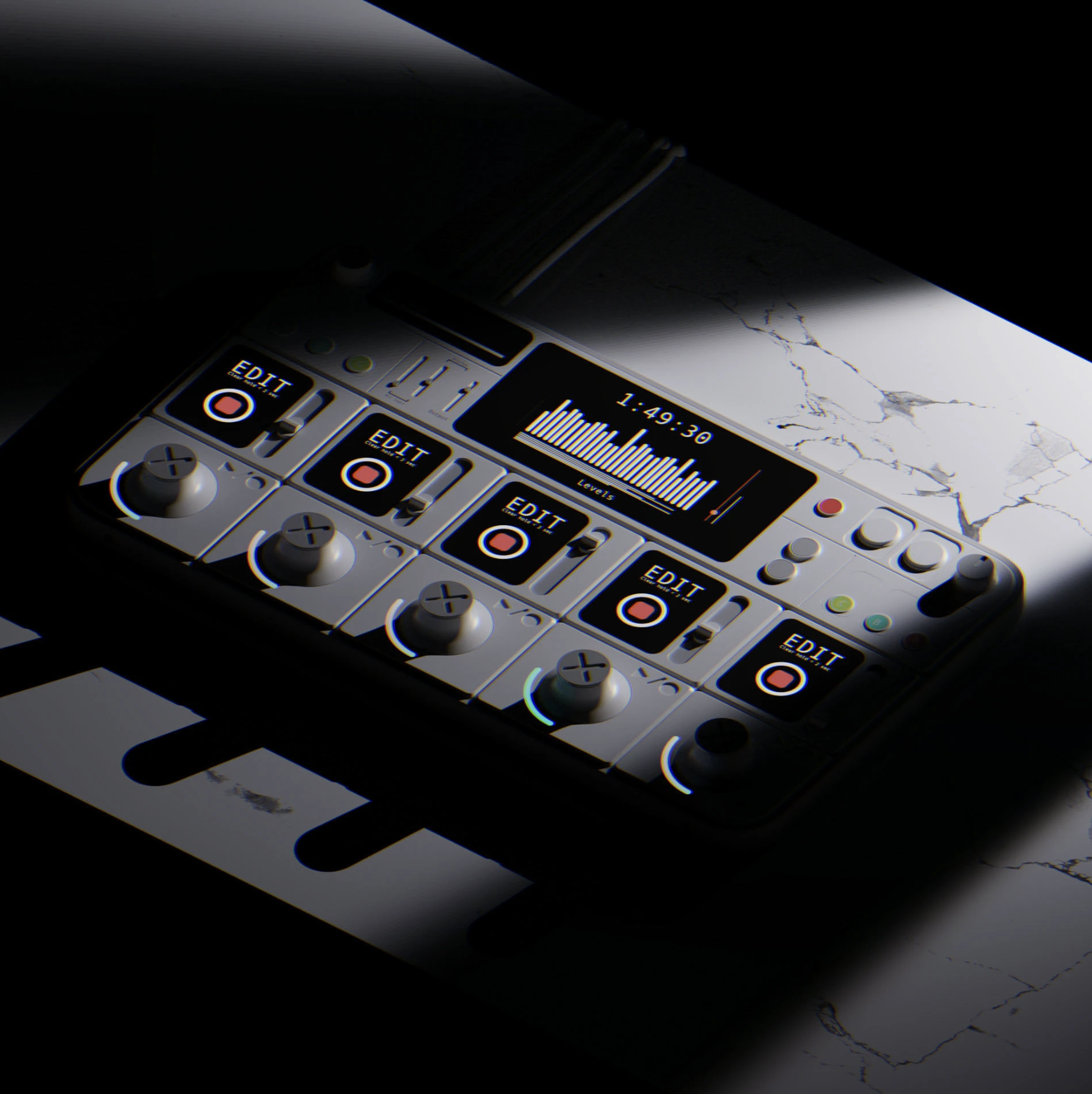 Digital music production device with various controls and a screen displaying audio levels, placed on a marble surface with a sheet of paper nearby.