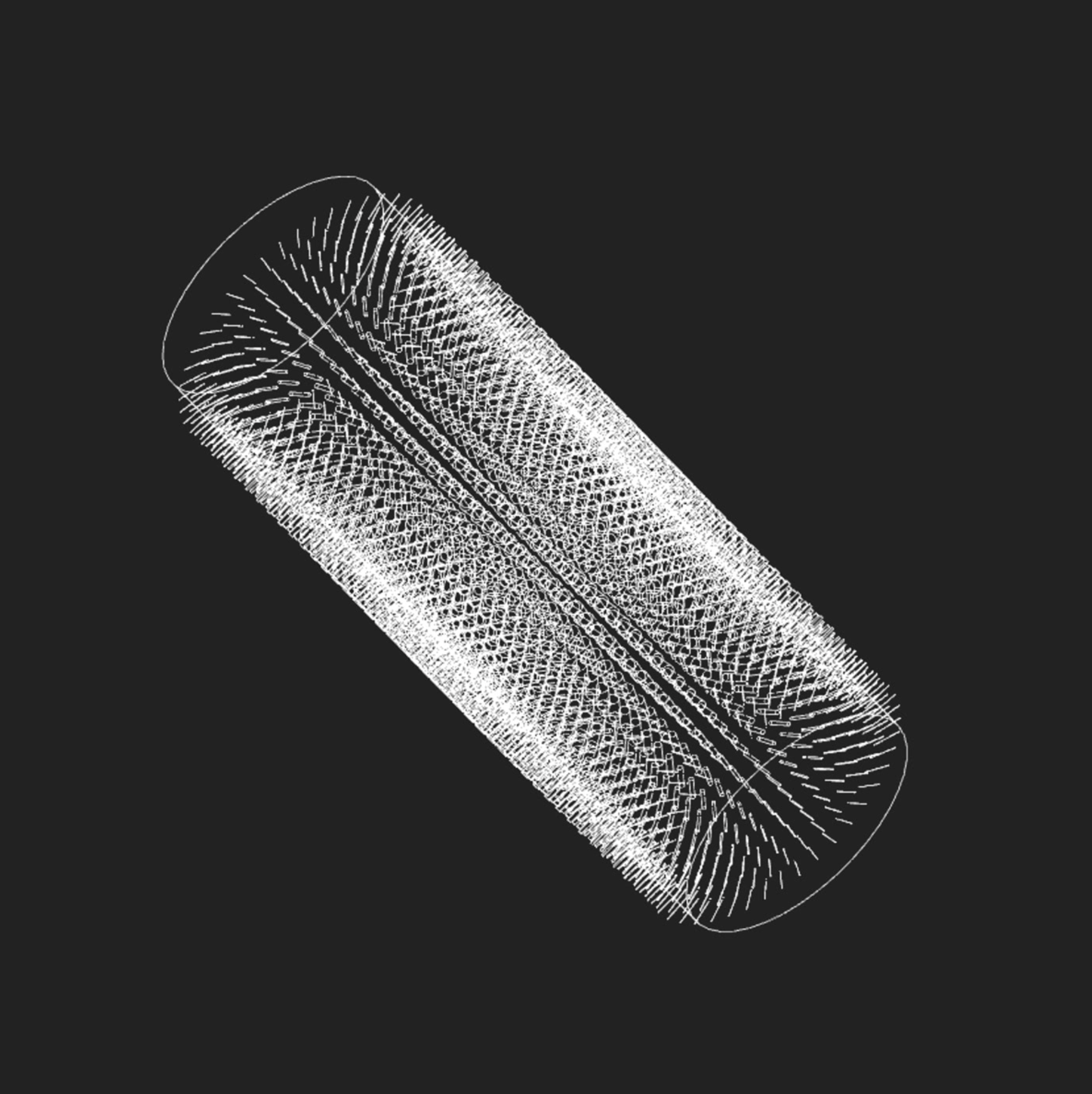 3D digital wireframe model of a cylindrical object with intricate internal and external patterning, displayed on a black background