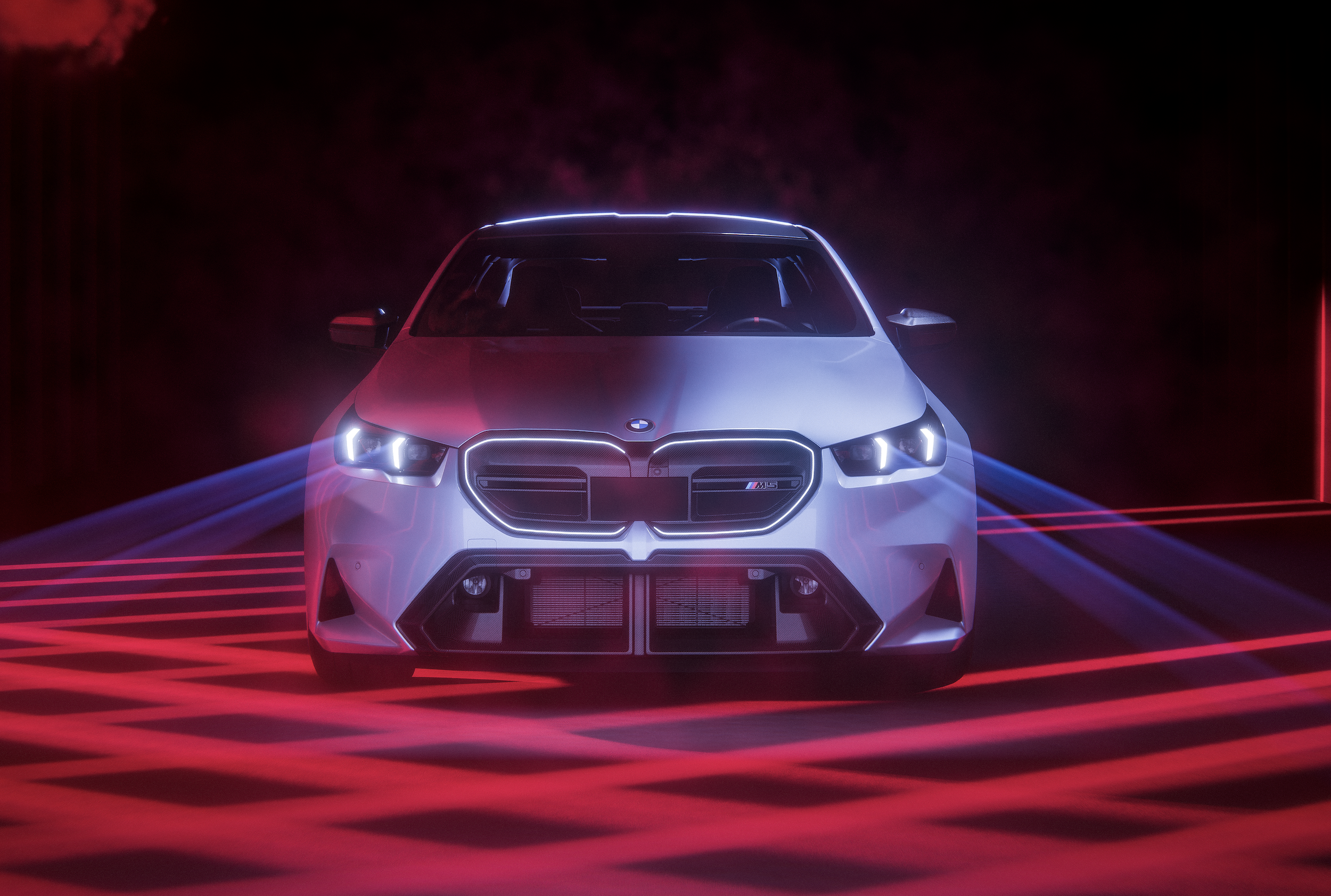 A futuristic white car with illuminated headlights and a prominent front grille, set against a dark background with red and blue neon lights creating a sleek, high-tech ambiance.
