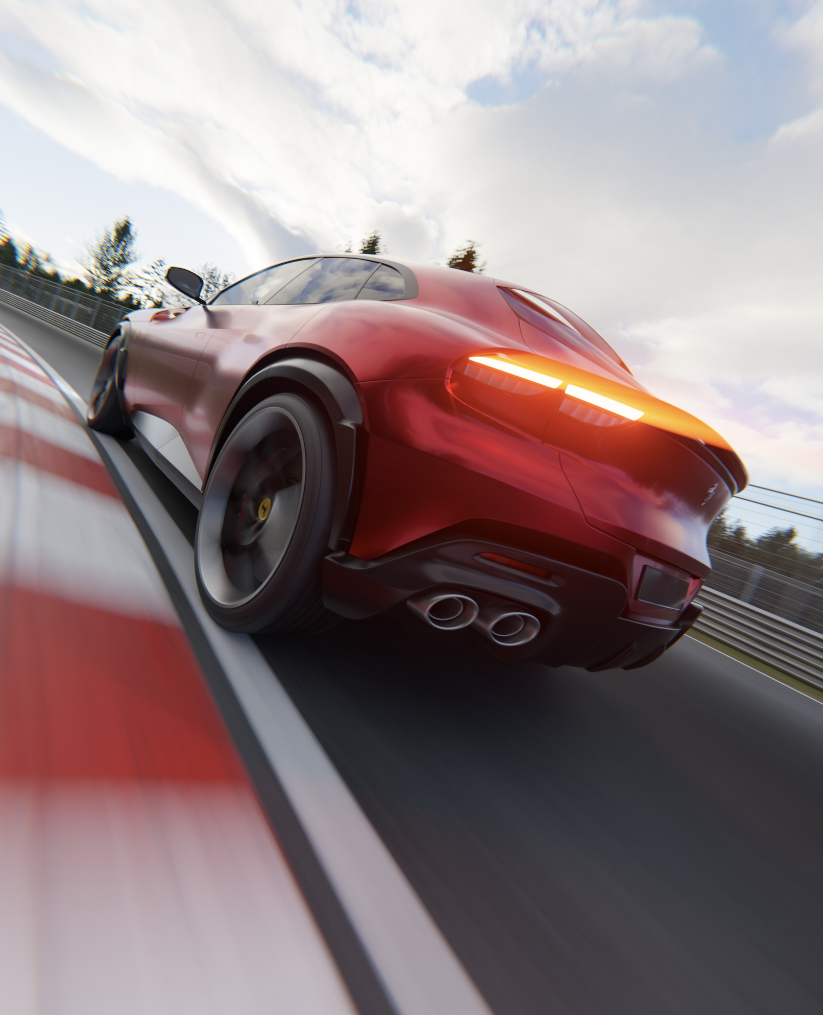 A red sports car racing on a track, viewed from behind at a low angle, with motion blur and a cloudy sky in the background.