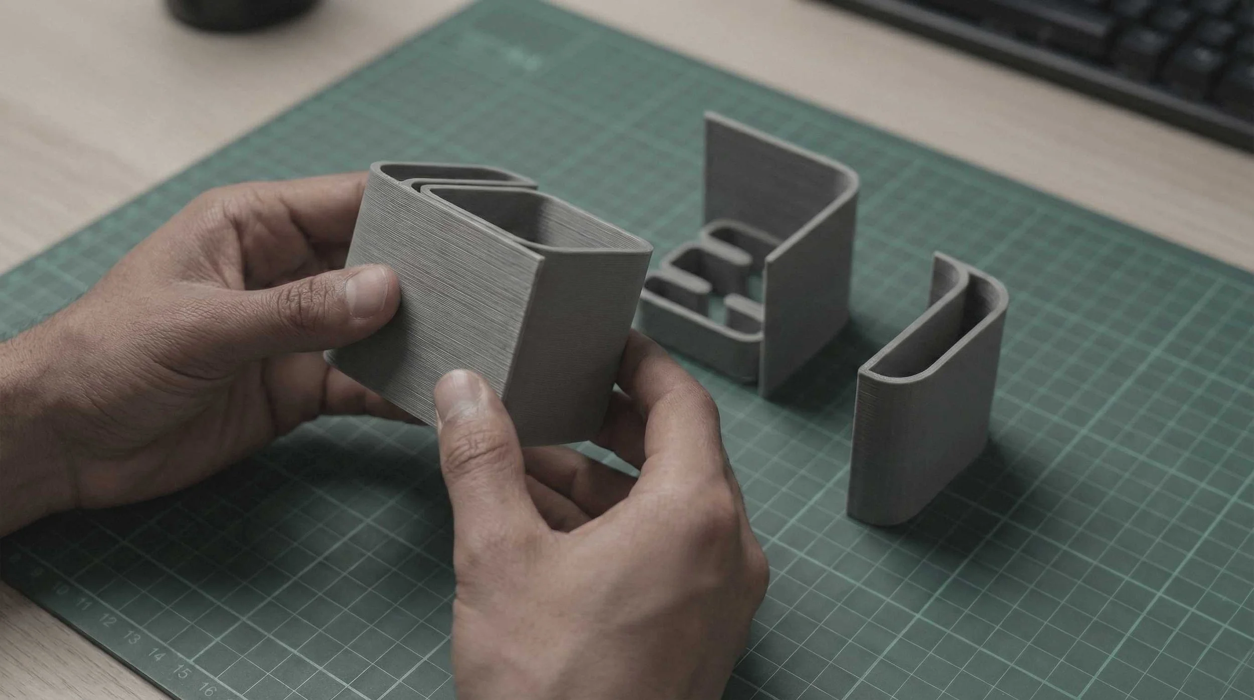Hands holding a 3D-printed gray plastic container with multiple compartments, placed on a green cutting mat on a wooden desk.