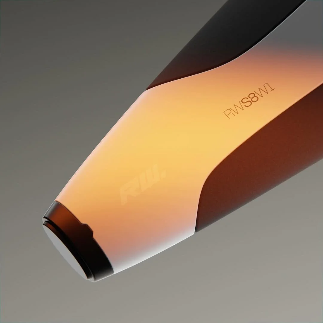 Close-up of a sleek, modern handheld device with a glowing, curved surface in orange and white tones, displaying the text 'MW8SW1'.