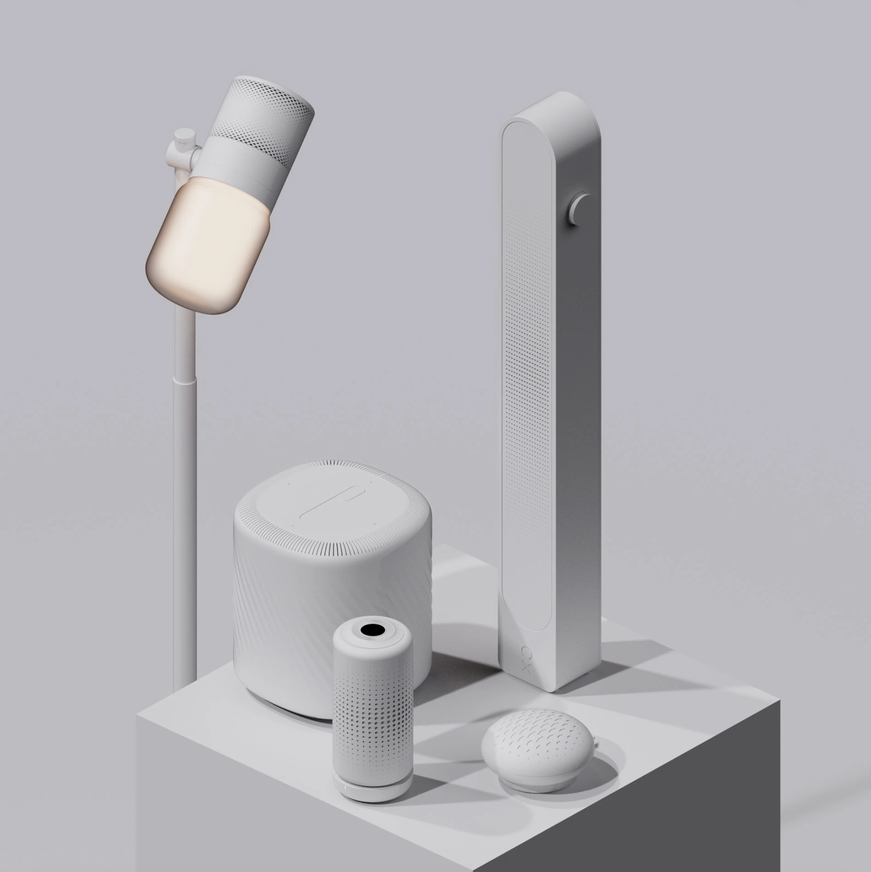 Collection of white smart home devices including a cylindrical air purifier, a tall smart speaker, a tabletop smart speaker, a smart air quality monitor, a smart diffuser, and a smart lighting device.