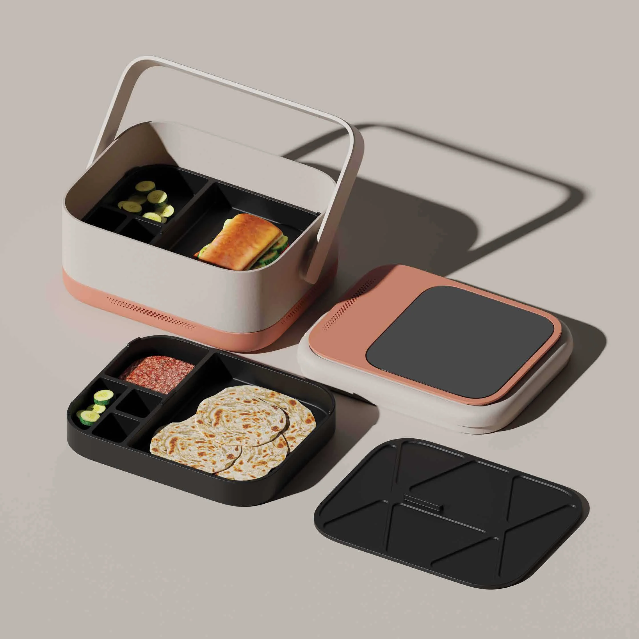 Three divided food containers with various foods, one with slices of flatbread, one with a wrap, and the other with a sandwich and garnishes, all placed on a light surface.