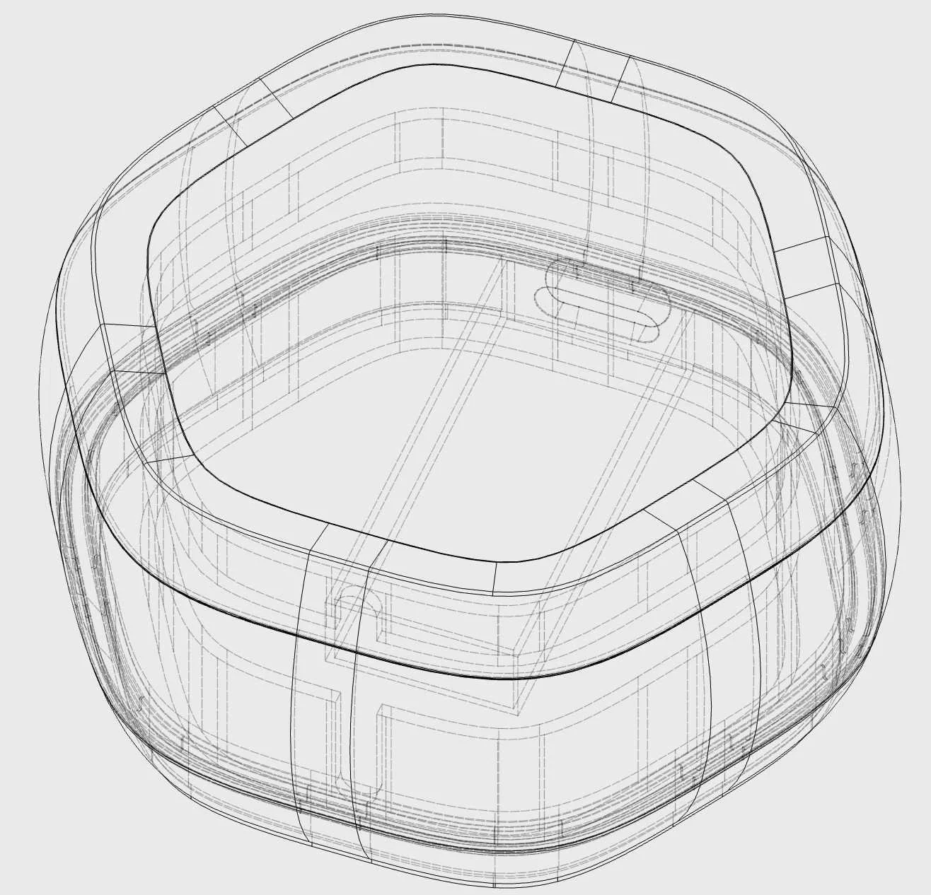 Wireframe rendering of a square-shaped smart device, possibly a smartwatch or fitness tracker, showing internal design and components.