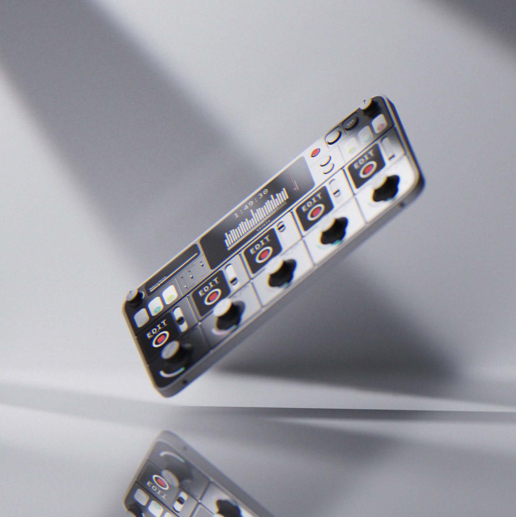 A modern electronic music sampler with a digital display, knobs, and buttons, floating above a reflective surface with a shadow cast behind it.