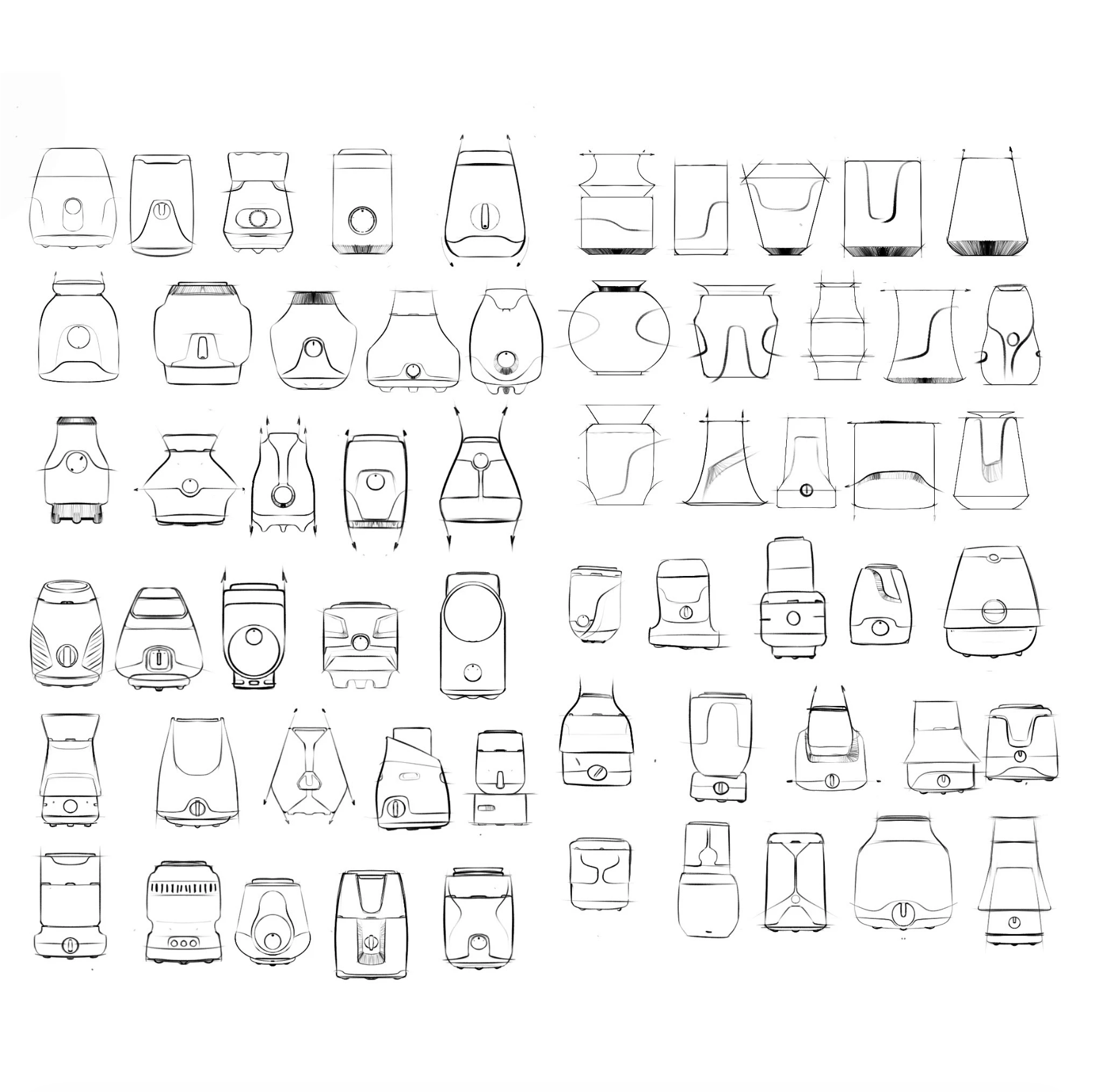 A collection of hand-drawn sketches of various vacuum cleaner designs arranged in rows on a white background.