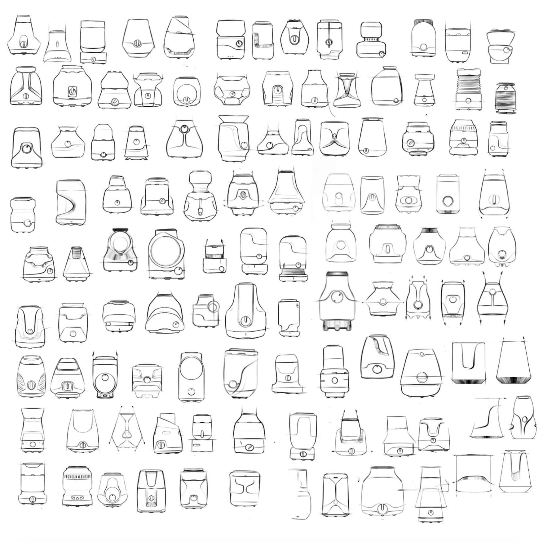A collection of 64 black and white line drawings of various vacuum cleaner and blender silhouettes arranged in an 8x8 grid.