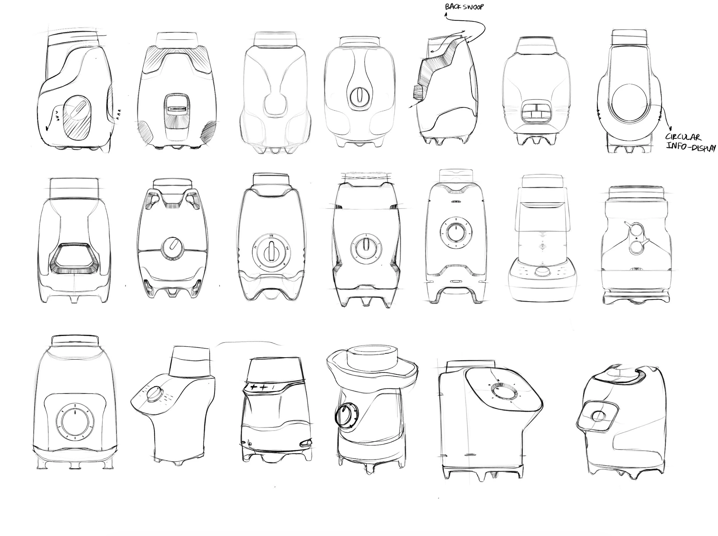 Collection of hand-drawn sketches of various appliances, including blenders, food processors, and kitchen devices, with annotations indicating features like back snoop and circular info display.