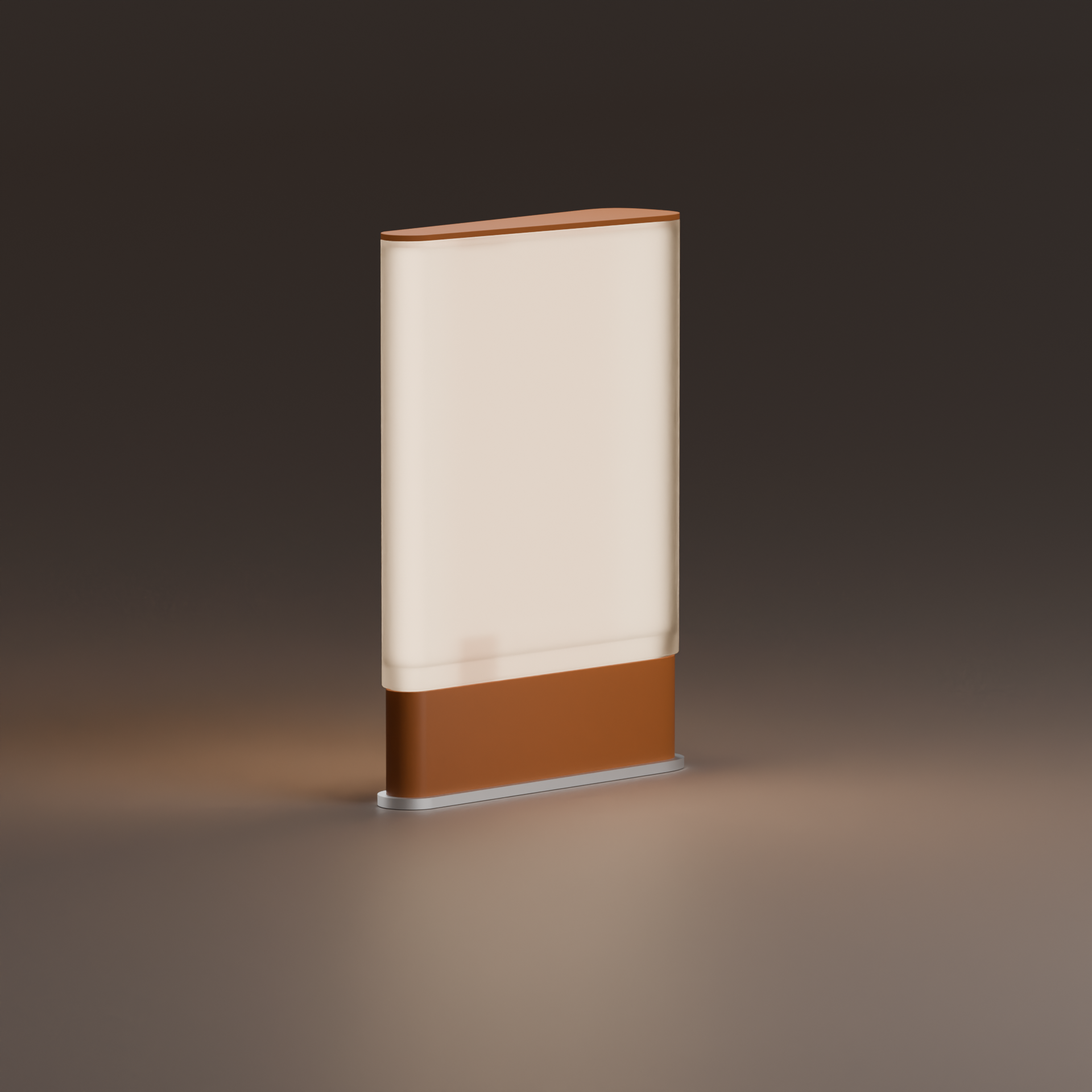 Freestanding modern light box with a brown base on a dark gradient background.