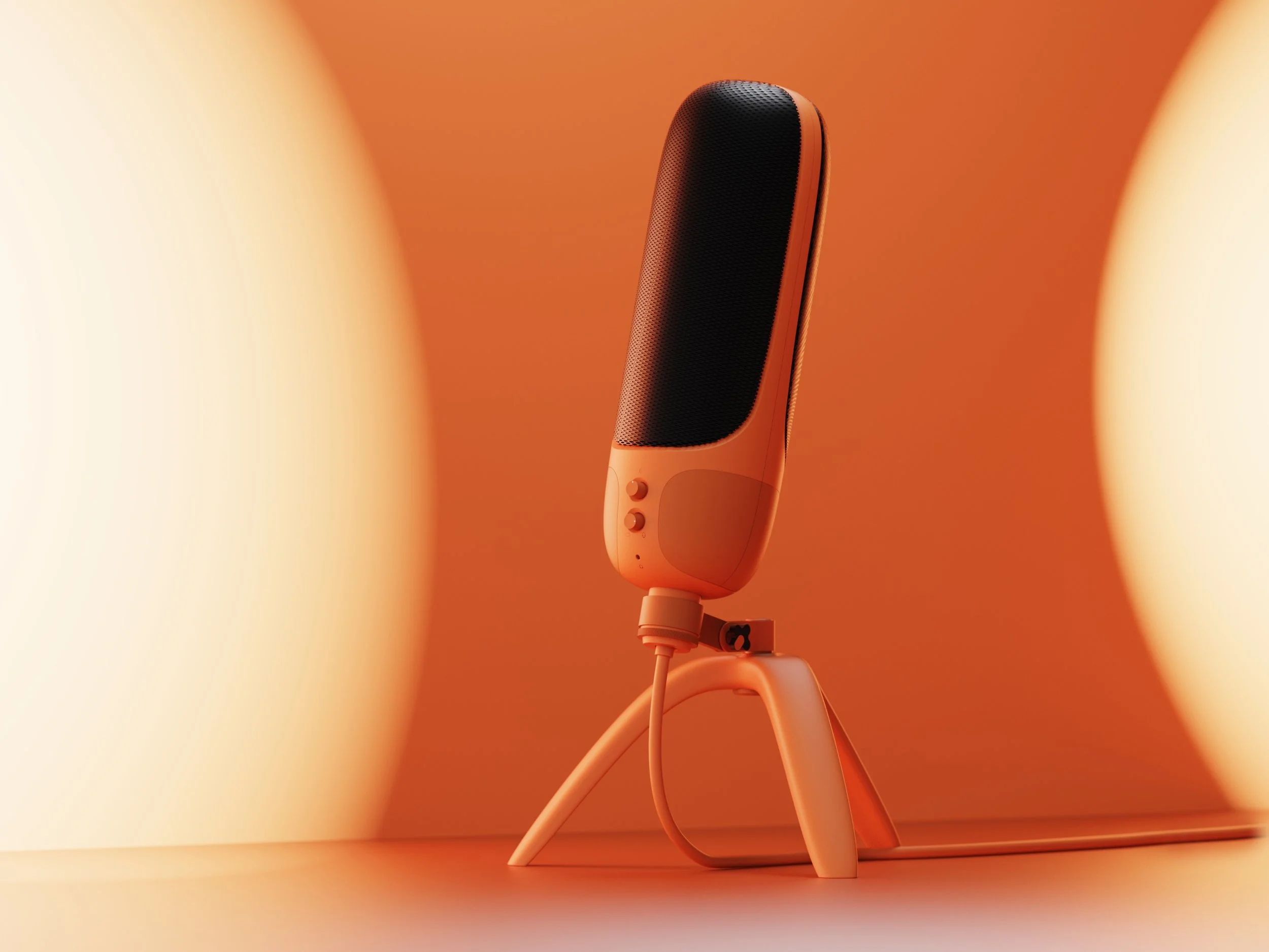 A modern, sleek microphone resting on a tripod stand against a warm, orange background with soft lighting.