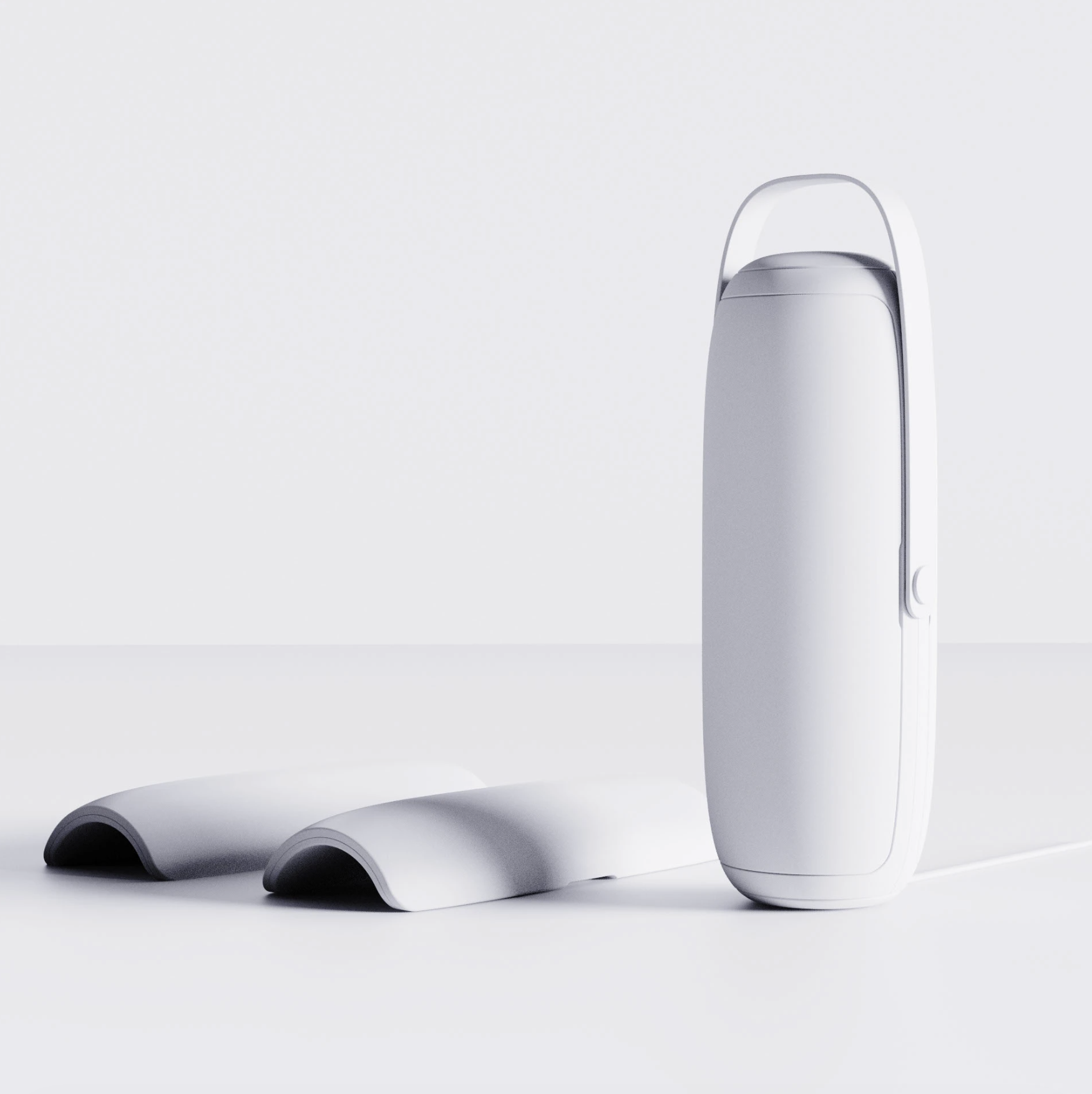 A sleek, modern, white electronic device with a rounded top and a small side button, accompanied by a curved, ergonomic attachment or accessory, set against a plain white background.