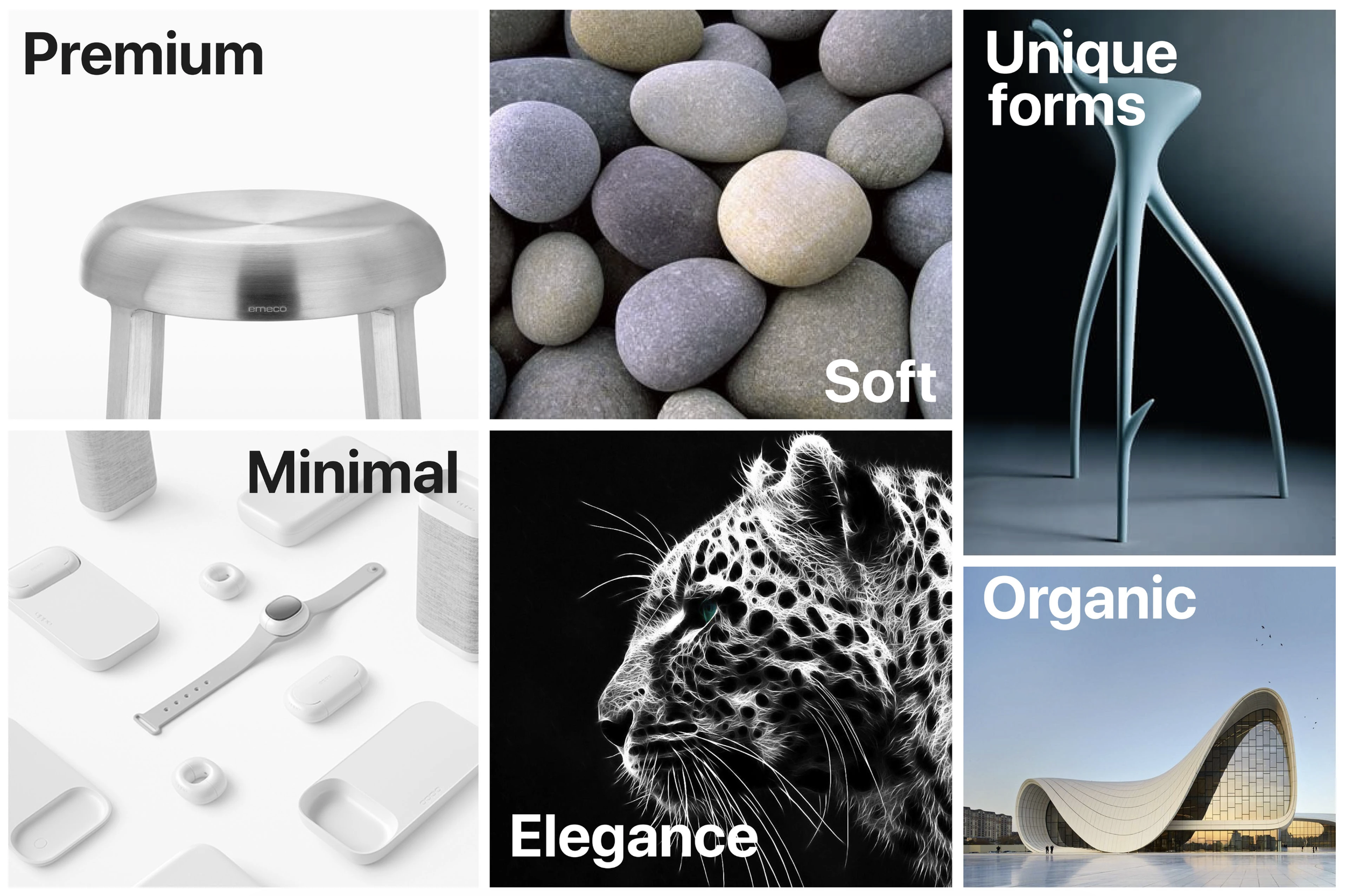 Collage of six images showcasing different design concepts and materials. Top left: a sleek silver stool labeled 'Premium'. Top center: smooth rounded stones labeled 'Soft'. Top right: modern blue abstract sculptural chair labeled 'Unique forms'. Bot
