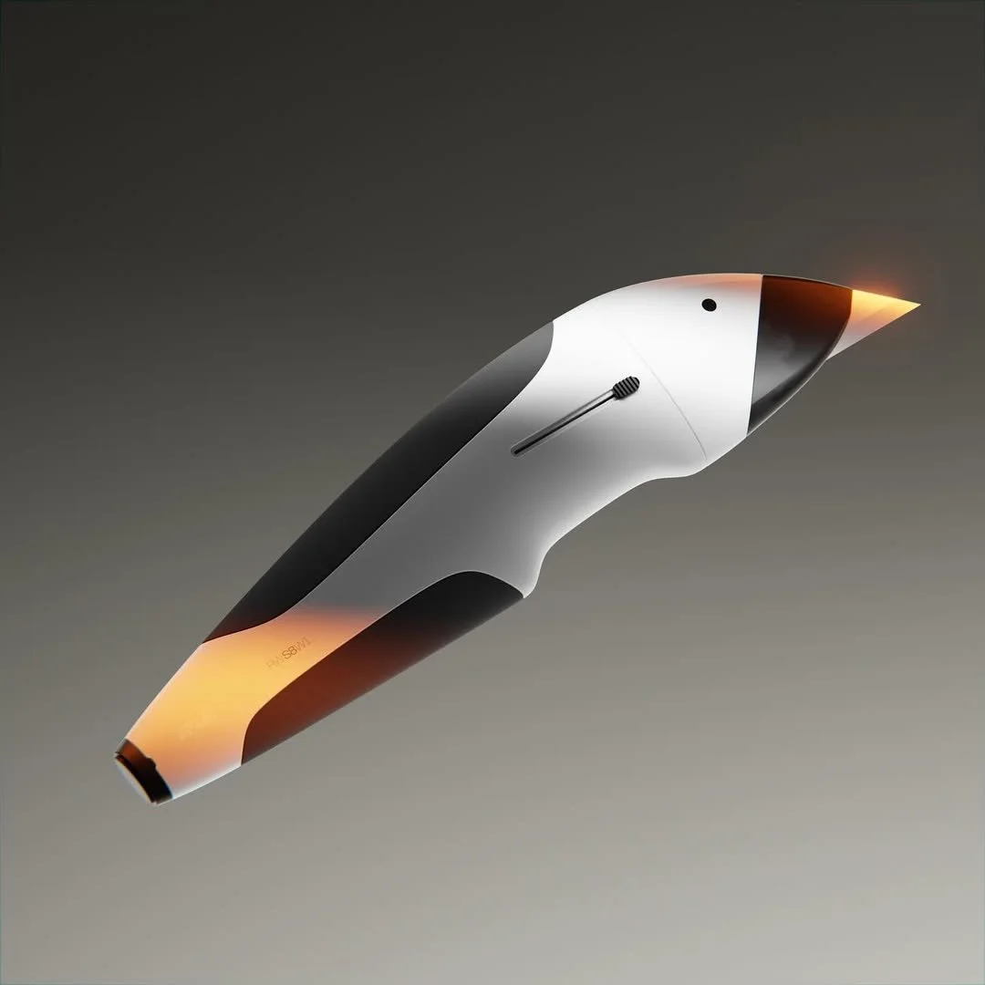 A sleek, futuristic device resembling a pen or tool with a black, white, and orange gradient design, and a small slider or button.