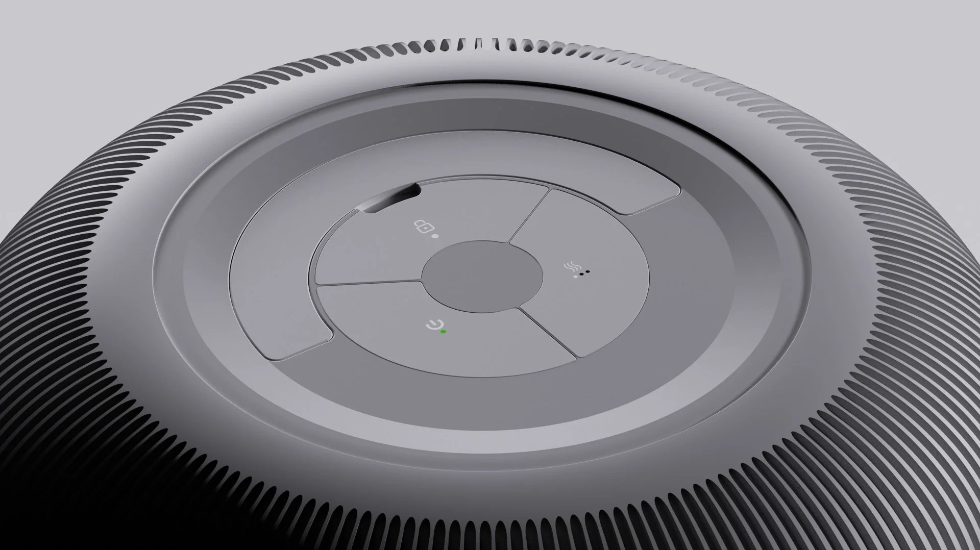 Top view of a smart speaker or device with circular control buttons and indicator lights on top.