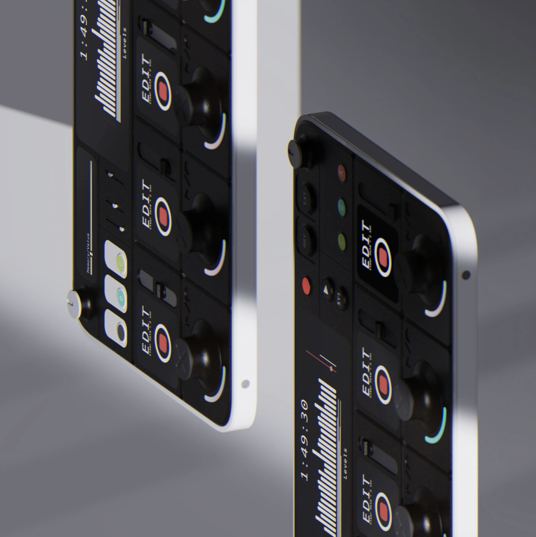 Two digital DJ controllers with various buttons, knobs, and a display screen, set against a gray background.