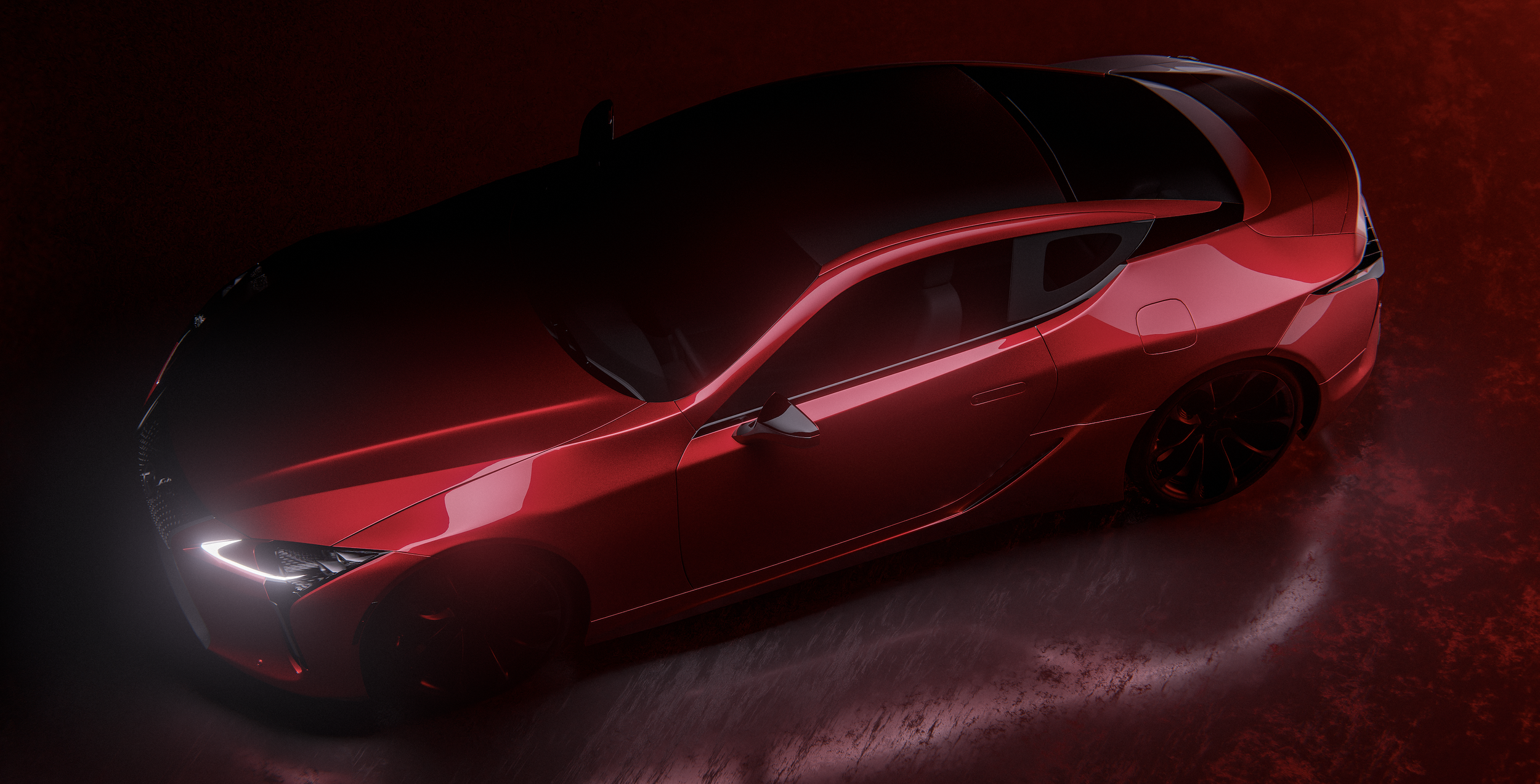 A sleek red sports car with black accents, shown from a top angle in a dark setting with red lighting.