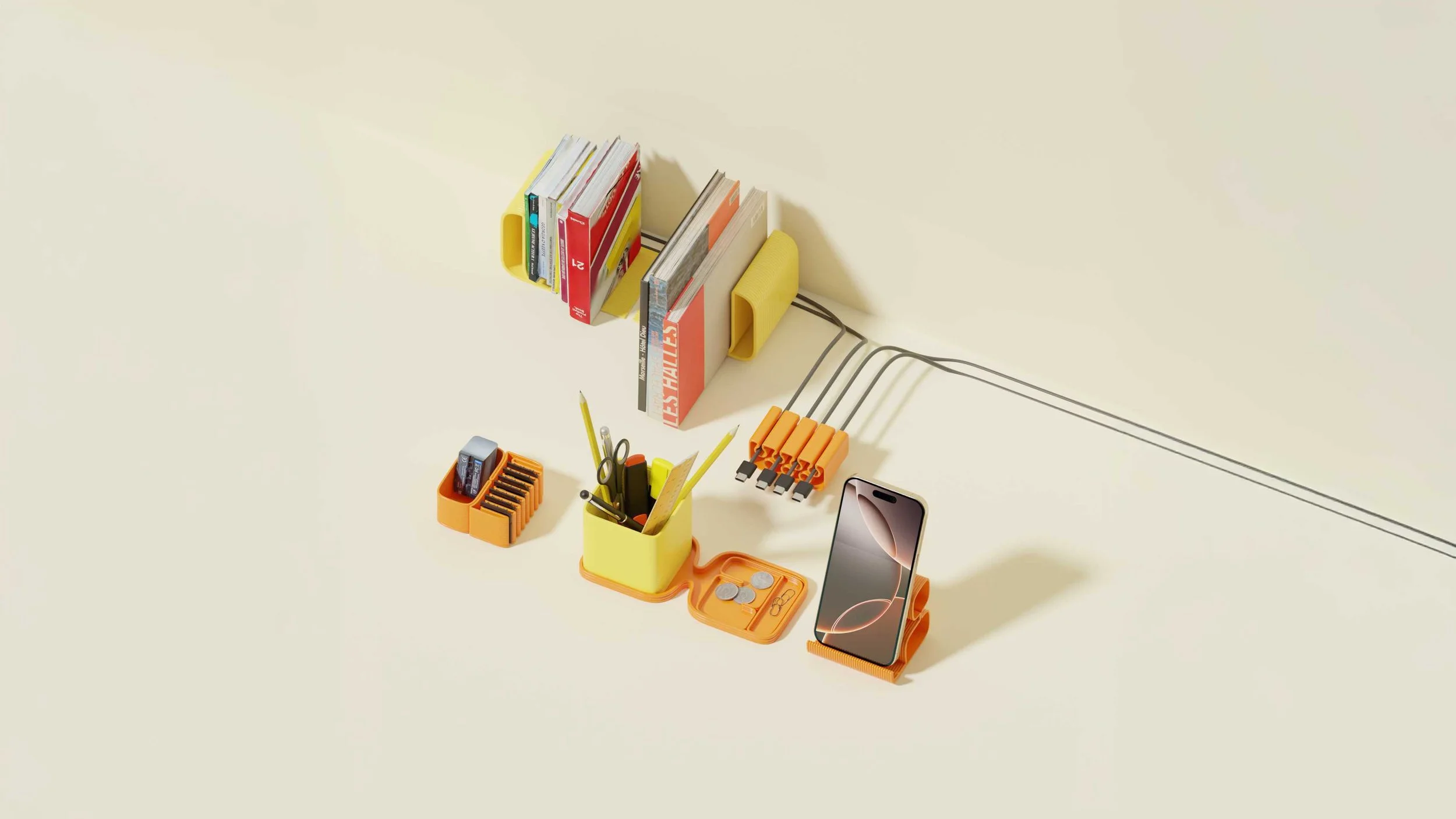 Desk organization with books on yellow and white shelves, orange and yellow pen holders, a small box with stationery, a smartphone on a stand, and various office supplies on a white surface.
