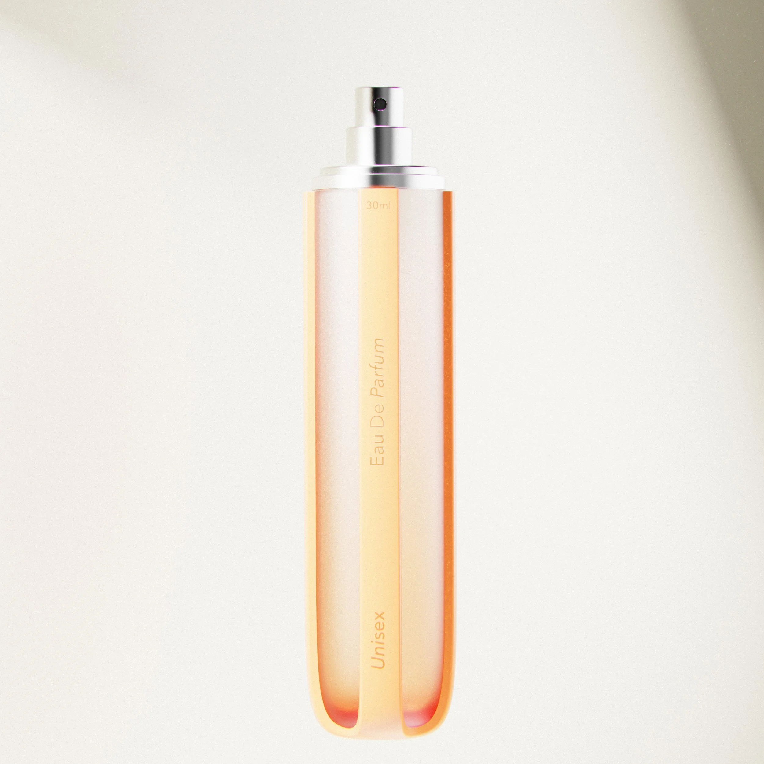 A tall, slim perfume spray bottle with spray nozzle on top, labeled "Eau De Parfum" and "Unisex".