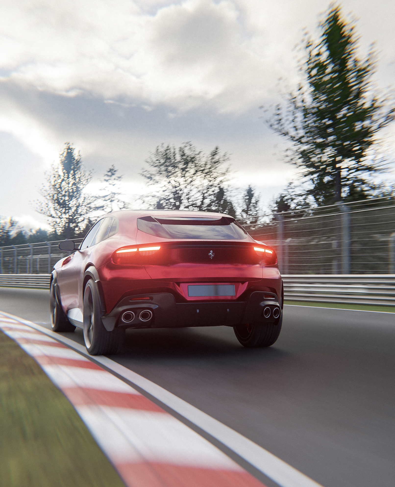 A red luxury sports car driving on a race track with tall trees and cloudy sky in the background.