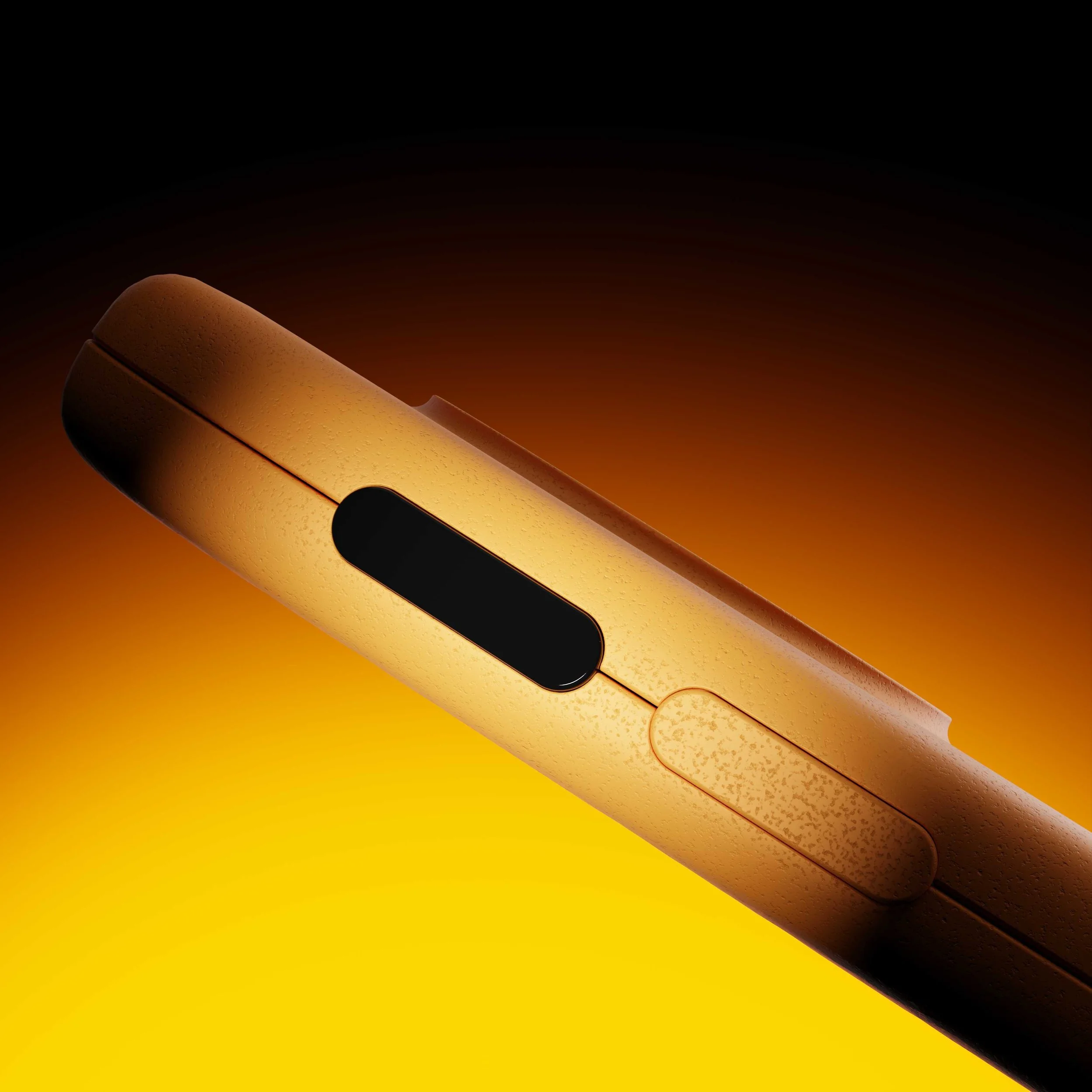 Close-up of a gold-colored electronic device, possibly a vape or electronic cigarette, with a black oval button on a dark and orange gradient background.