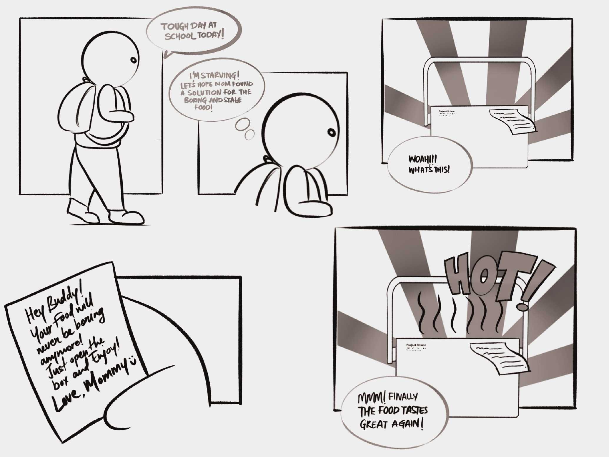 A comic strip showing a person with a backpack leaving school, hoping for food but receiving a hot lunch instead, which is steaming and accompanied by a note from a mom expressing love and encouragement.