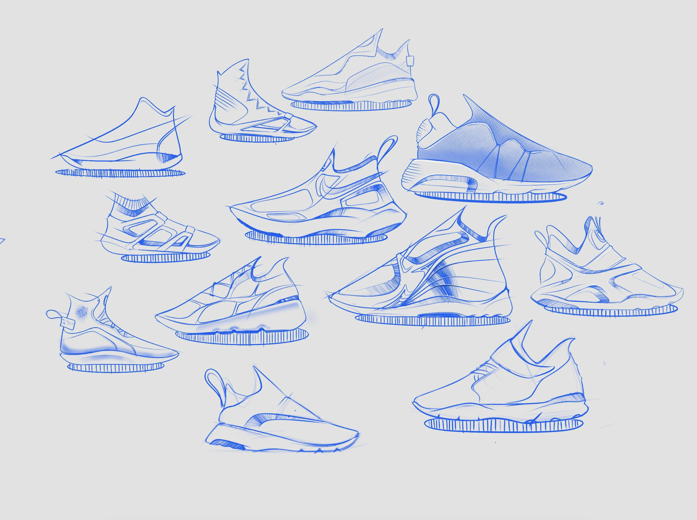 Line drawings of various sneaker designs in blue on a light background.