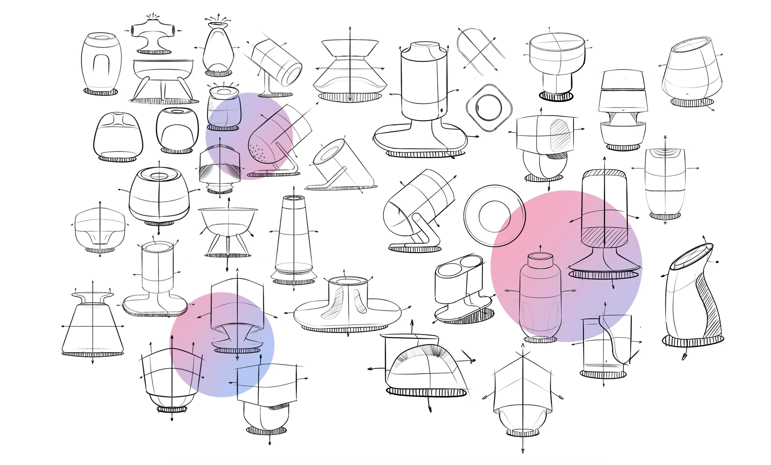 A collection of technical sketches and designs for various modern and abstract lamps, with some highlighted by colored circles in pink and purple.