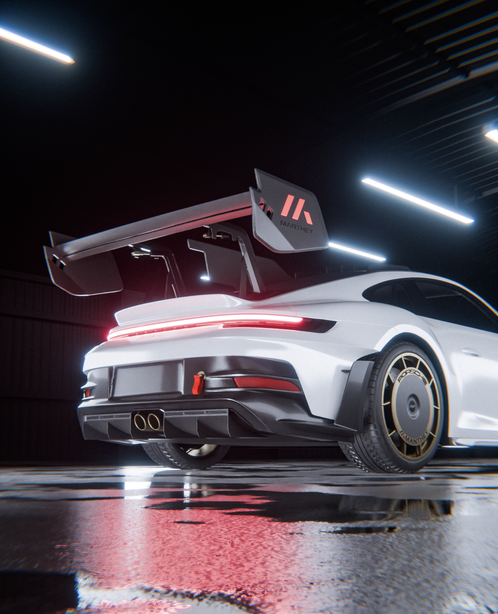 A white race car with a large rear wing, gold wheels, and dual exhaust pipes in a garage or showroom with reflective wet floor and modern lighting.