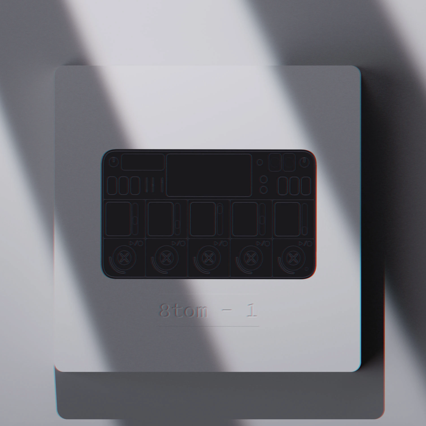 A minimalistic electronic device interface illustration on a white background, with text '8tom - 1' beneath