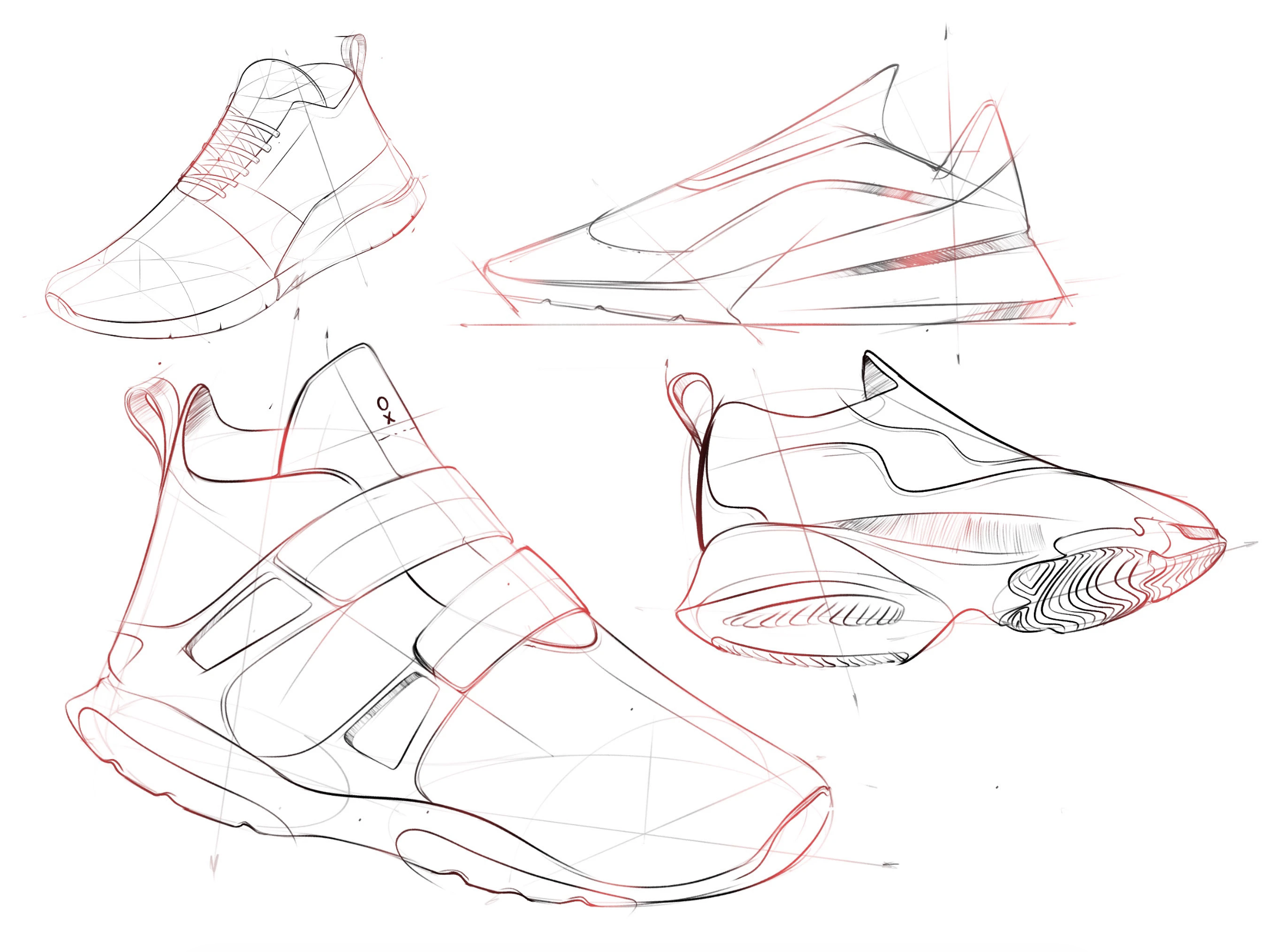 Sketches of a sneaker design from different angles with detailed line work and construction lines.