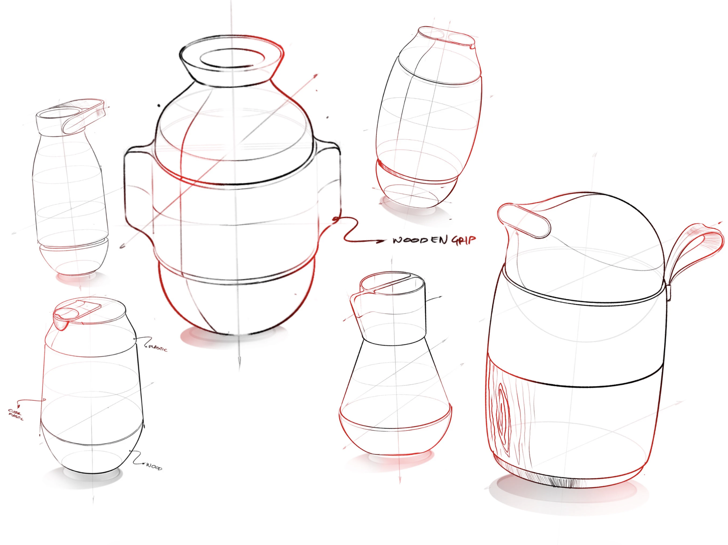 Sketches of various containers and a teapot in different stages of design, with annotations for wood, plastic, and a wooden grip, showcasing technical drawing techniques.