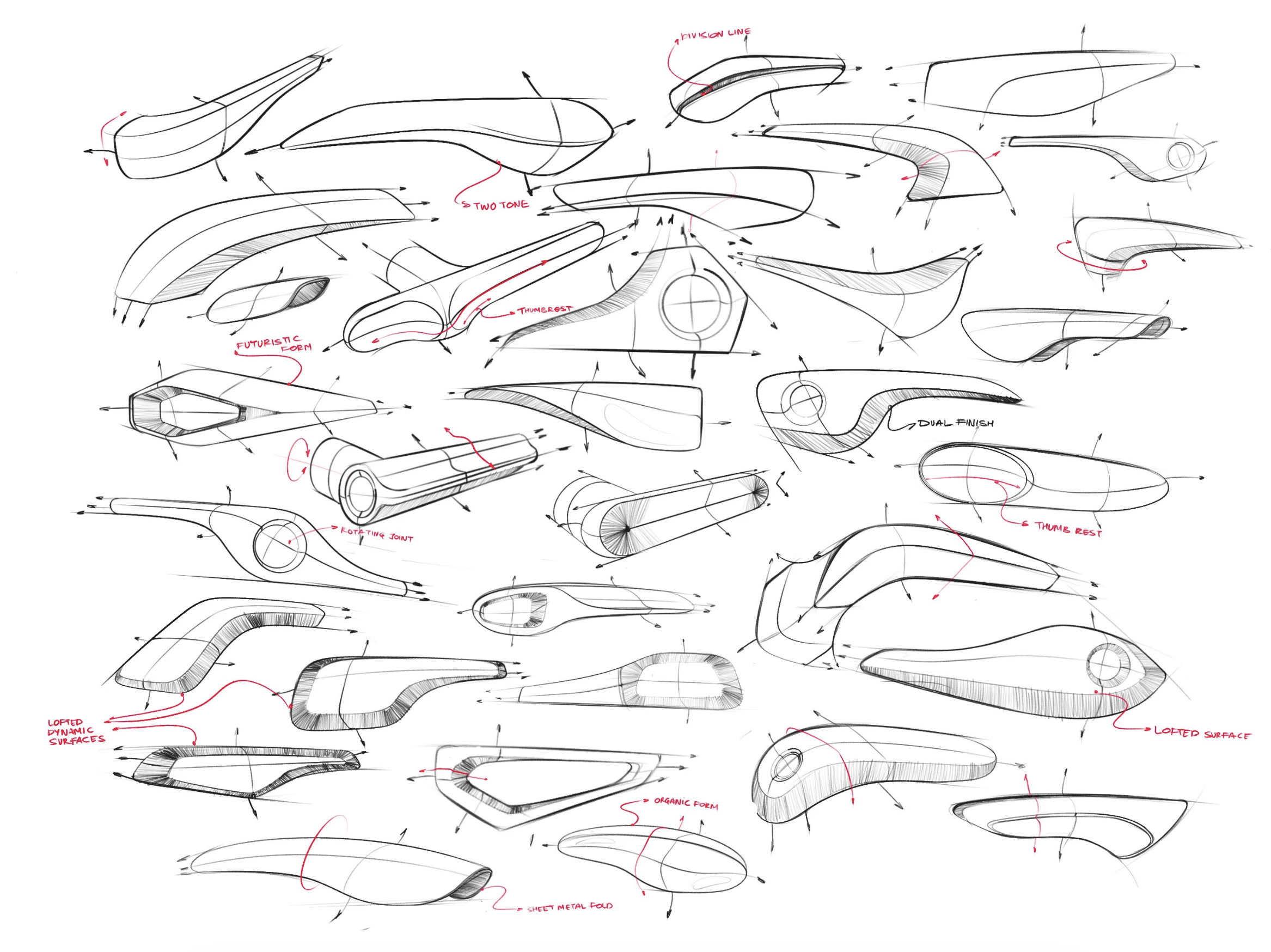 Collection of various concept sketches of futuristic vehicle or aircraft designs, with annotations describing features like 'two tone,' 'thumb rest,' 'dual finish,' 'lofted surface,' and 'dynamic surfaces.' The sketches show different shapes and form