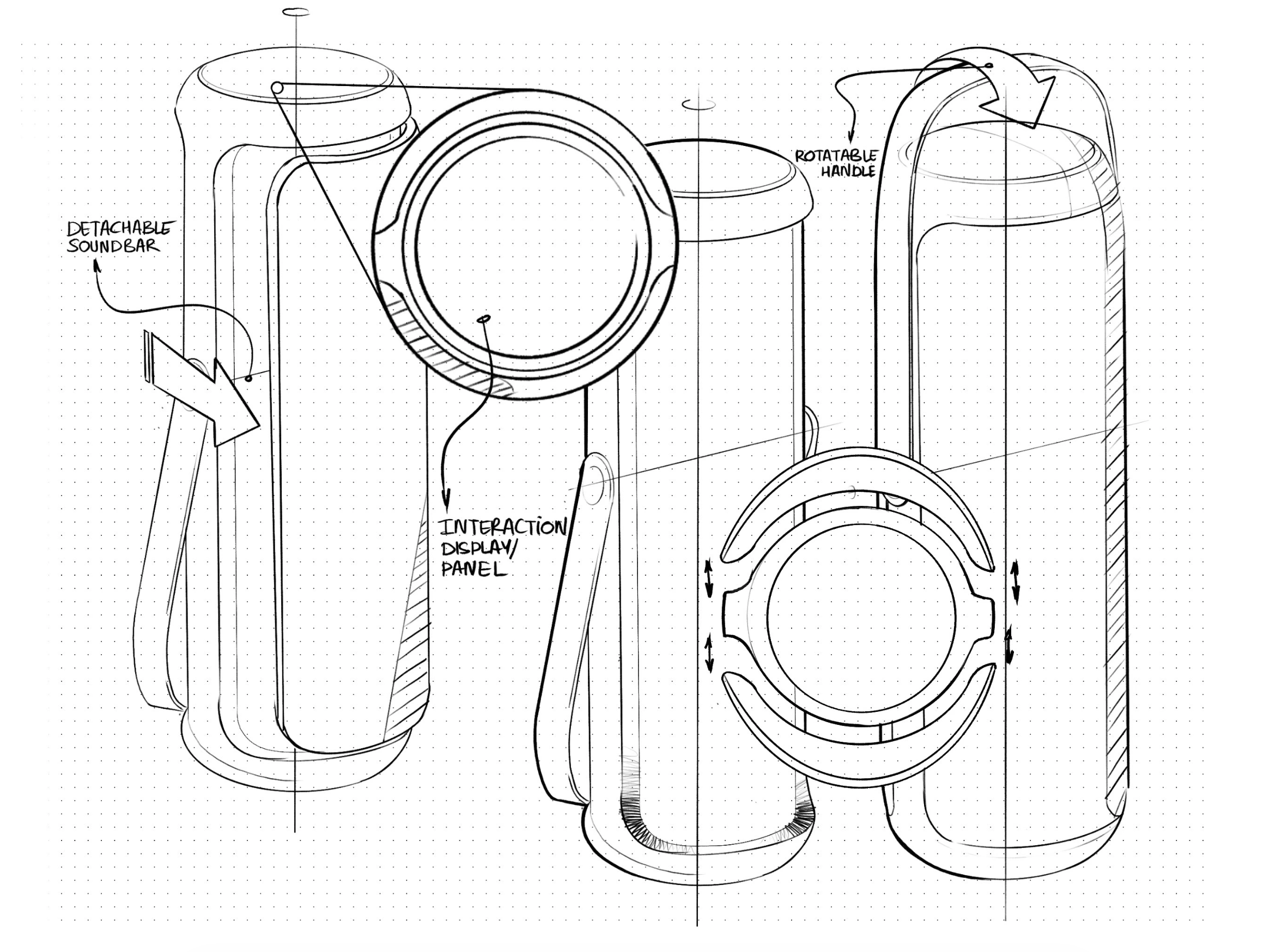 Technical drawing of a portable speaker system with labeled parts including a detachable soundbar, rotation handle, interaction display panel, and a cylindrical main body.
