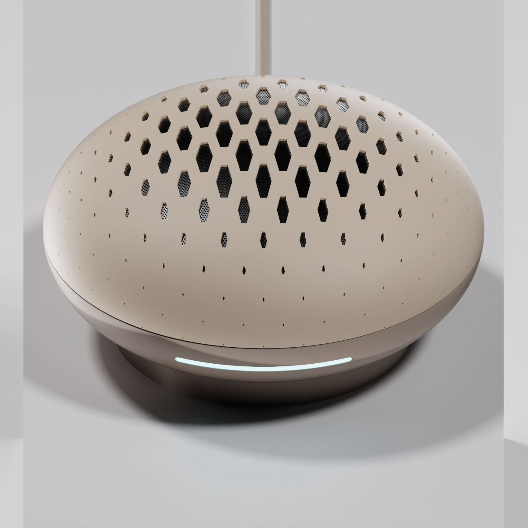 A modern, oval-shaped smart speaker with a perforated top surface and a glowing light strip at the base.