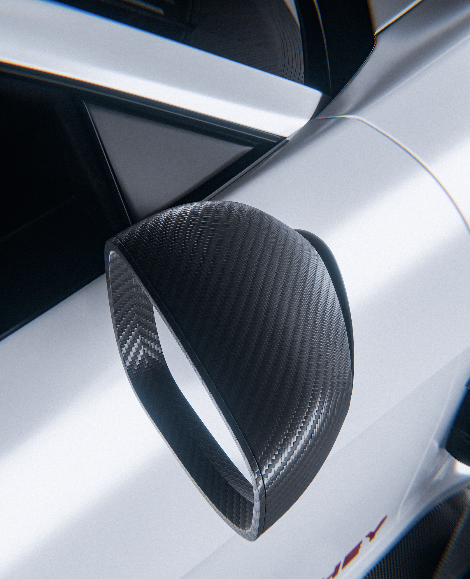 Close-up of a car's side mirror with a black carbon fiber finish, attached to a sleek, modern vehicle with white bodywork.