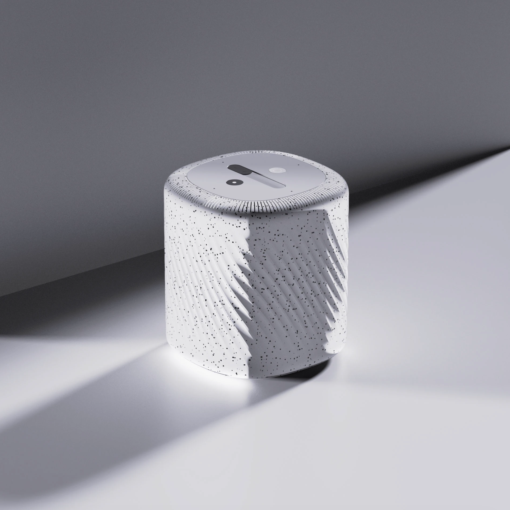 Modern white desk clock with a textured, speckled surface, casting a shadow on a minimalistic gray and white background.